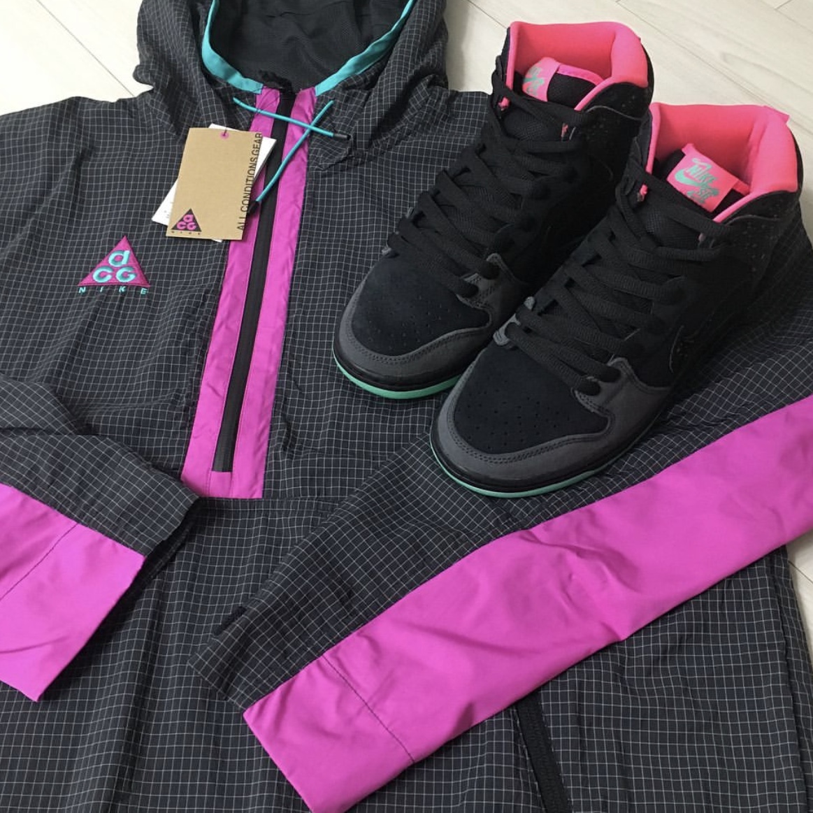 Nike Dunk SB High Premier Northern Lights, Nike ACG Woven Hooded Jacket Anthracite - Asia 착용 스타일 - 2