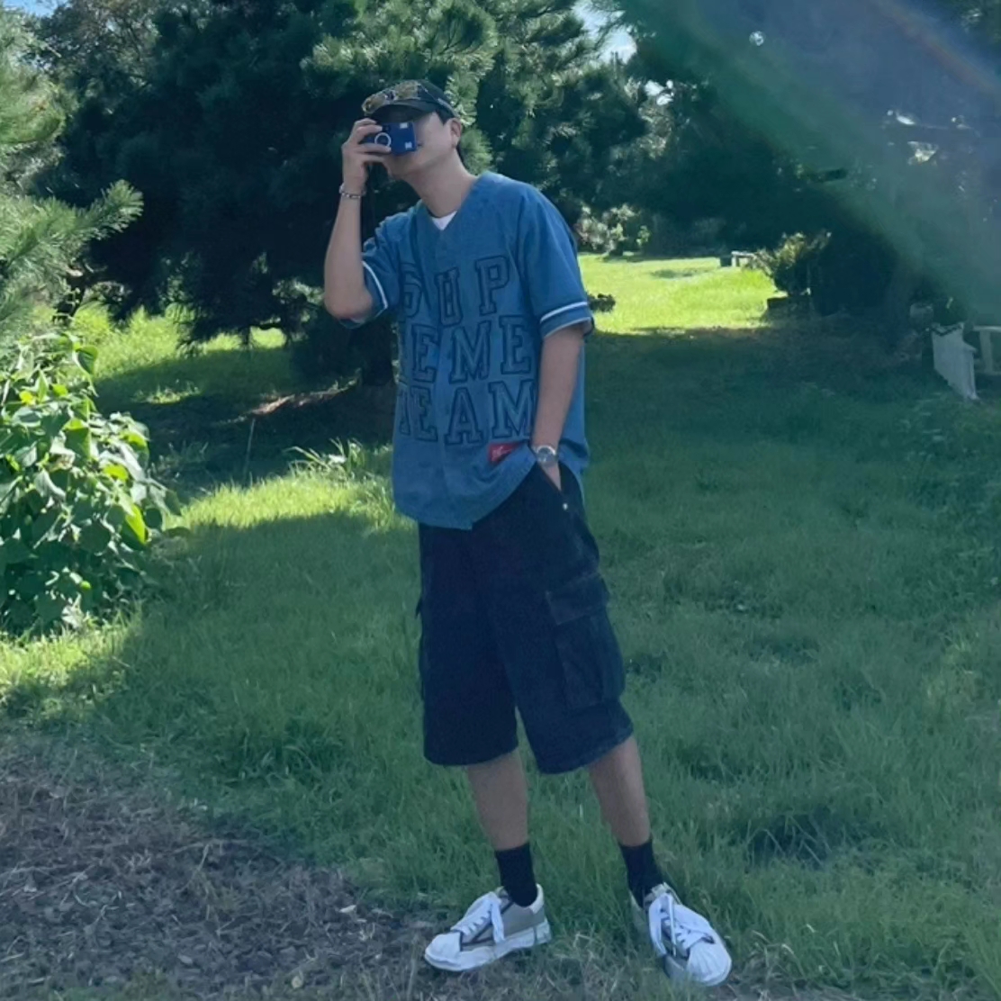Supreme Denim Baseball Jersey Blue - 22FW, Maison Mihara Yasuhiro Blakey OG Sole Canvas Low-top Sneakers Grey 착용 스타일 - 1