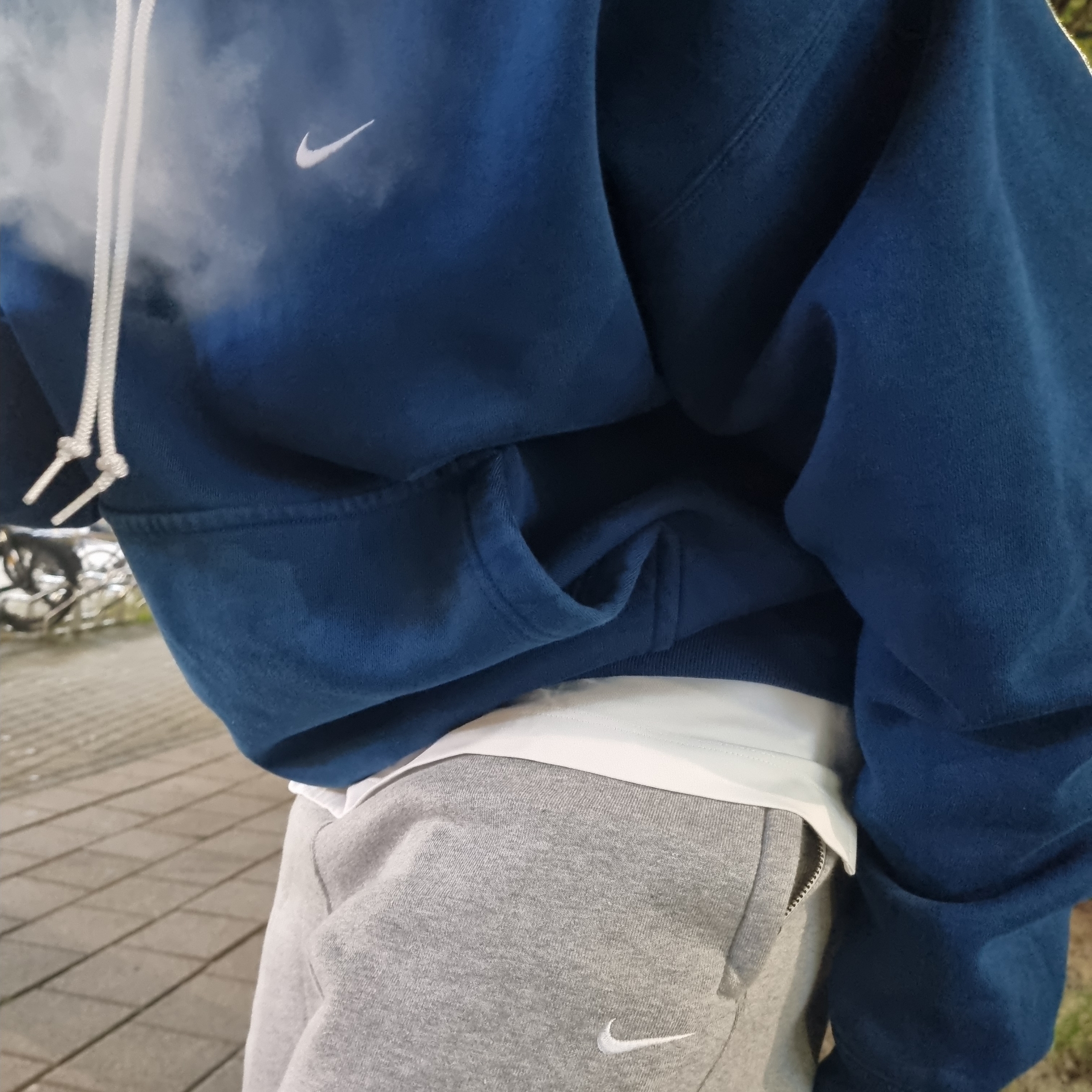 Nike NRG Solo Swoosh Fleece Hoodie Valerian Blue - Asia, Nike NRG Solo Swoosh Fleece Pants Dark Grey Heather - Asia 착용 스타일