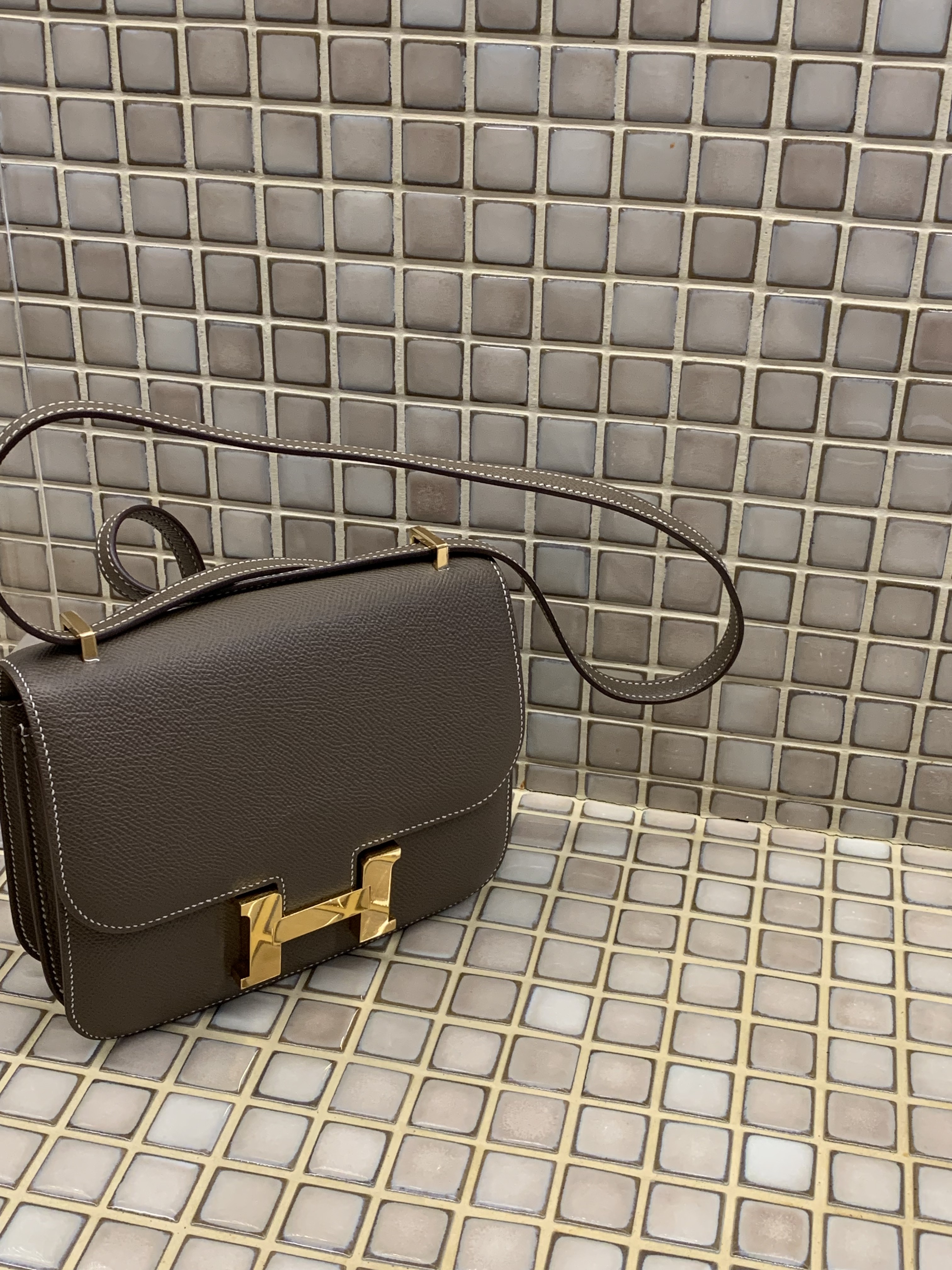 Hermes Constance III Mini 18 Bag Epsom & Gold Etoupe, (W) Celine Triomphe 04 Sunglasses in Acetate Dark Havana 착용 스타일 - 4