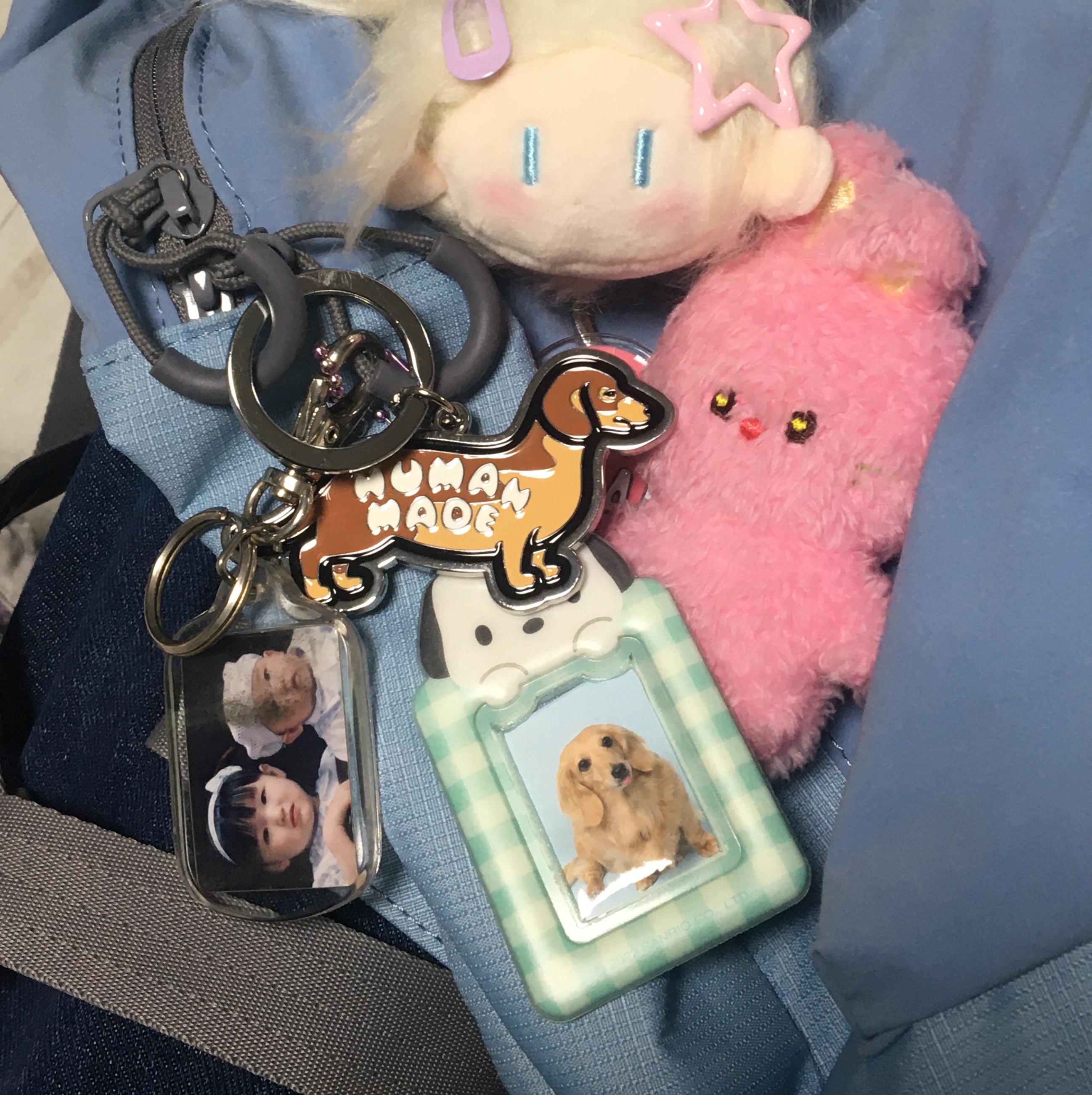 Human Made Dachs Keyring Brown, NewJeans Bunini Doll Keyring Pink 착용 스타일 - 4