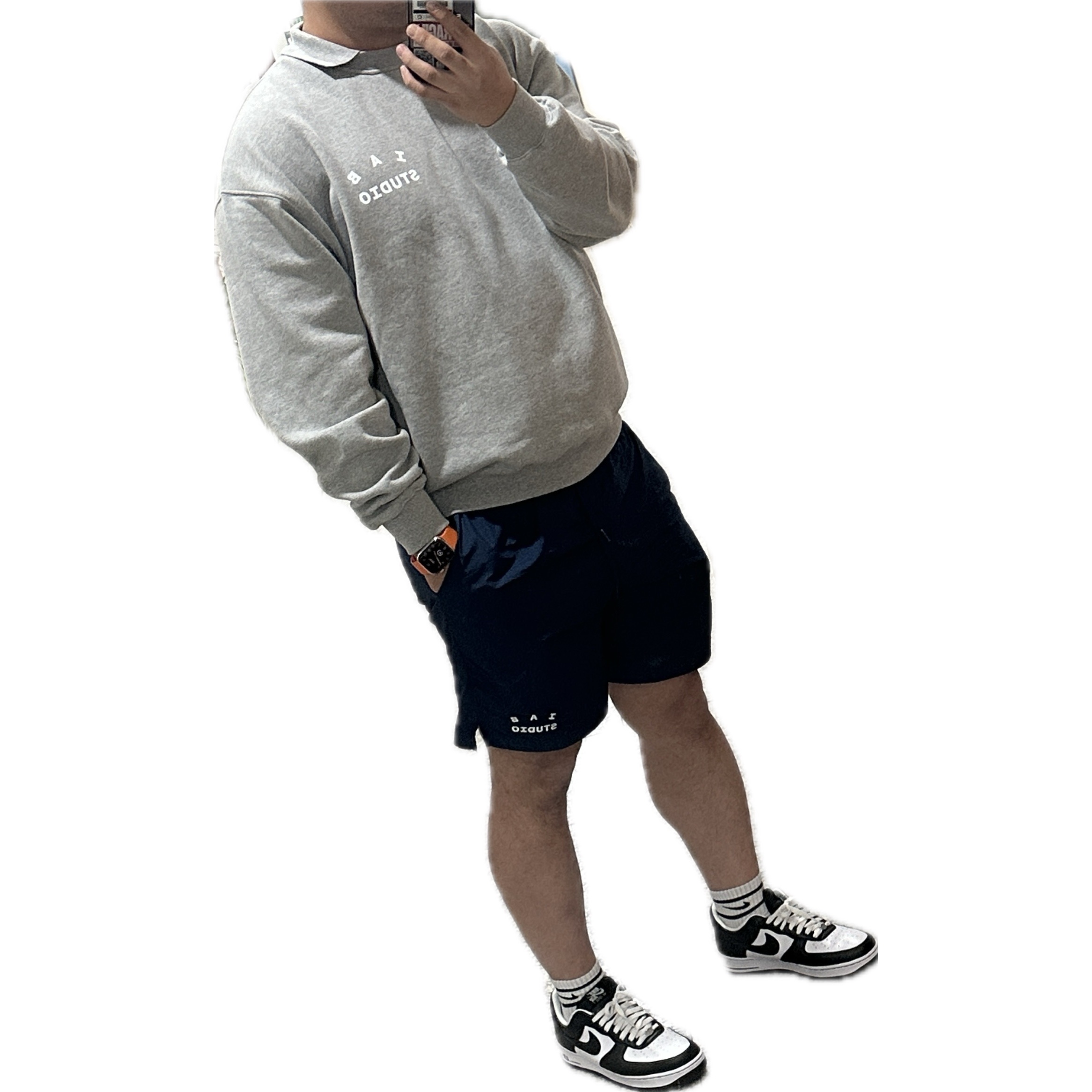 IAB Studio Rugby Sweatshirt Gray - 23FW, IAB Studio Woven Shorts Navy - The Hyundai Seoul Exclusive 착용 스타일 - 1