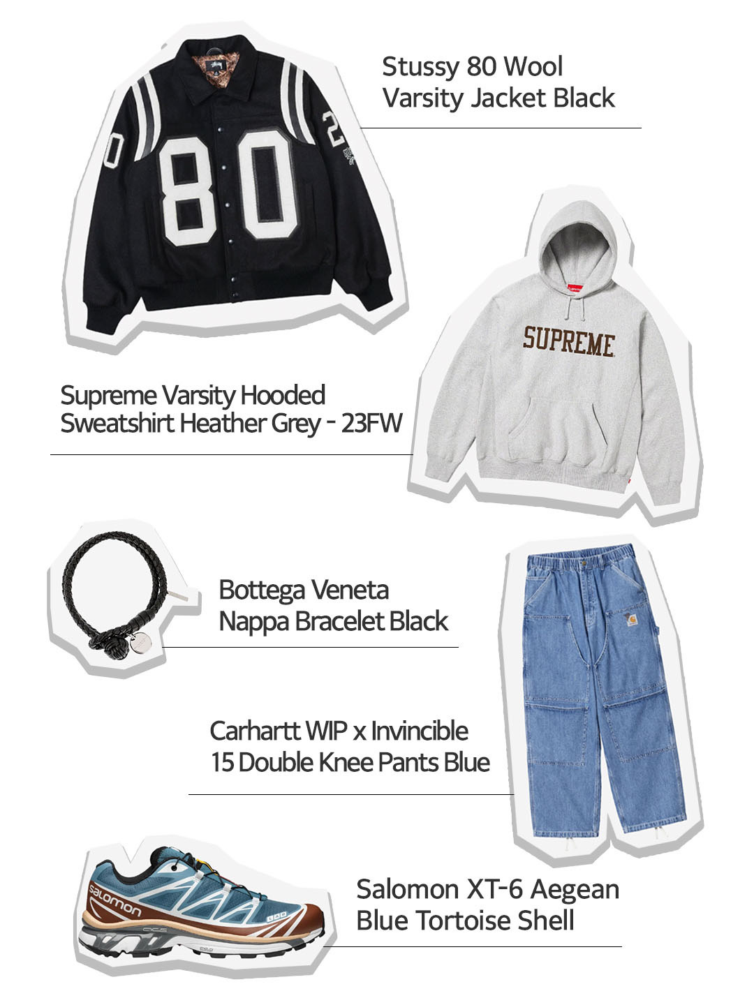 Stussy 80 Wool Varsity Jacket Black, Supreme Varsity Hooded Sweatshirt Heather Grey - 23FW 착용 스타일 - 1