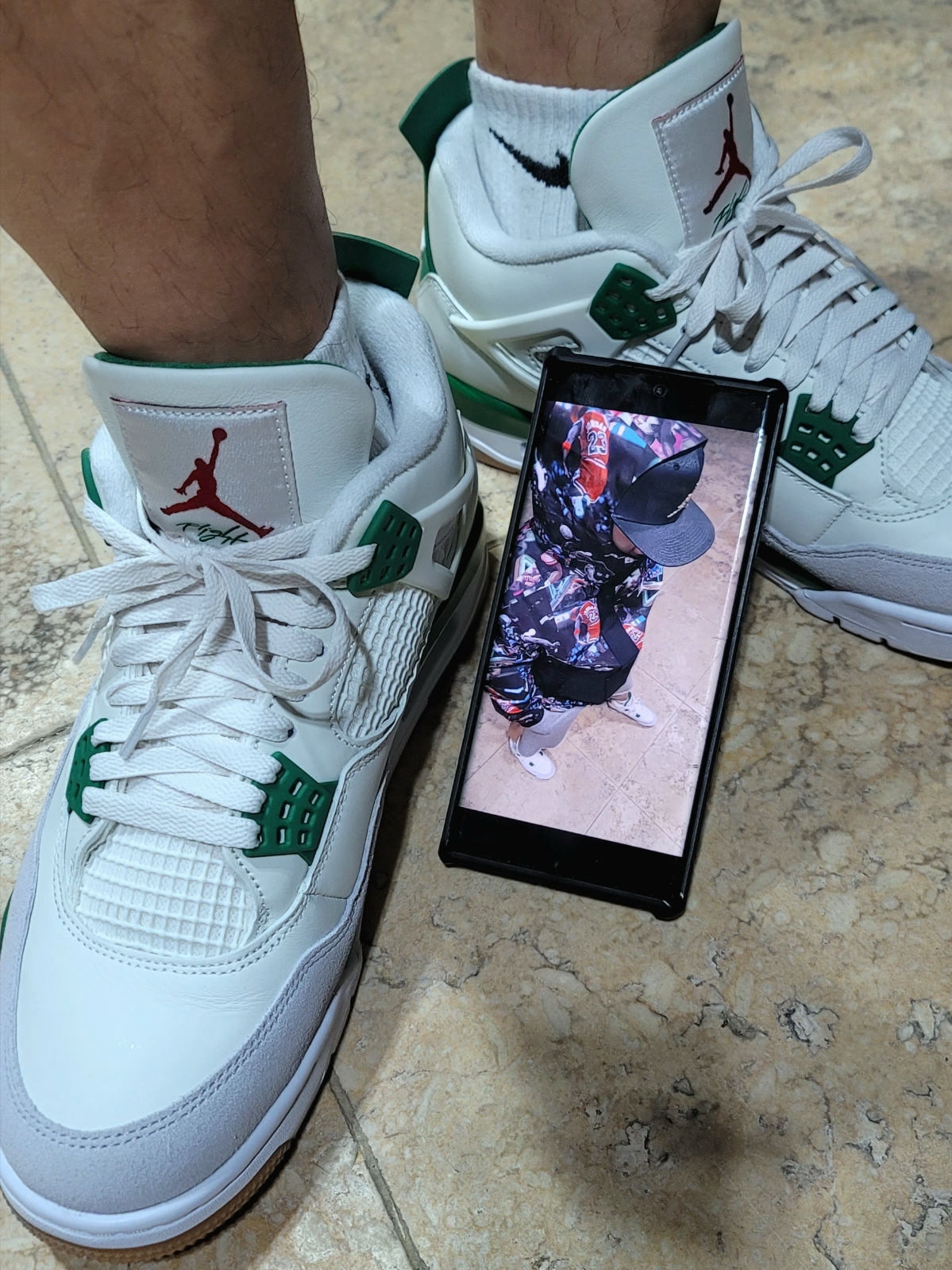 Jordan Flight  Heritage Jacket Black, Jordan 4 x Nike SB Retro SP Pine Green 착용 스타일 - 2