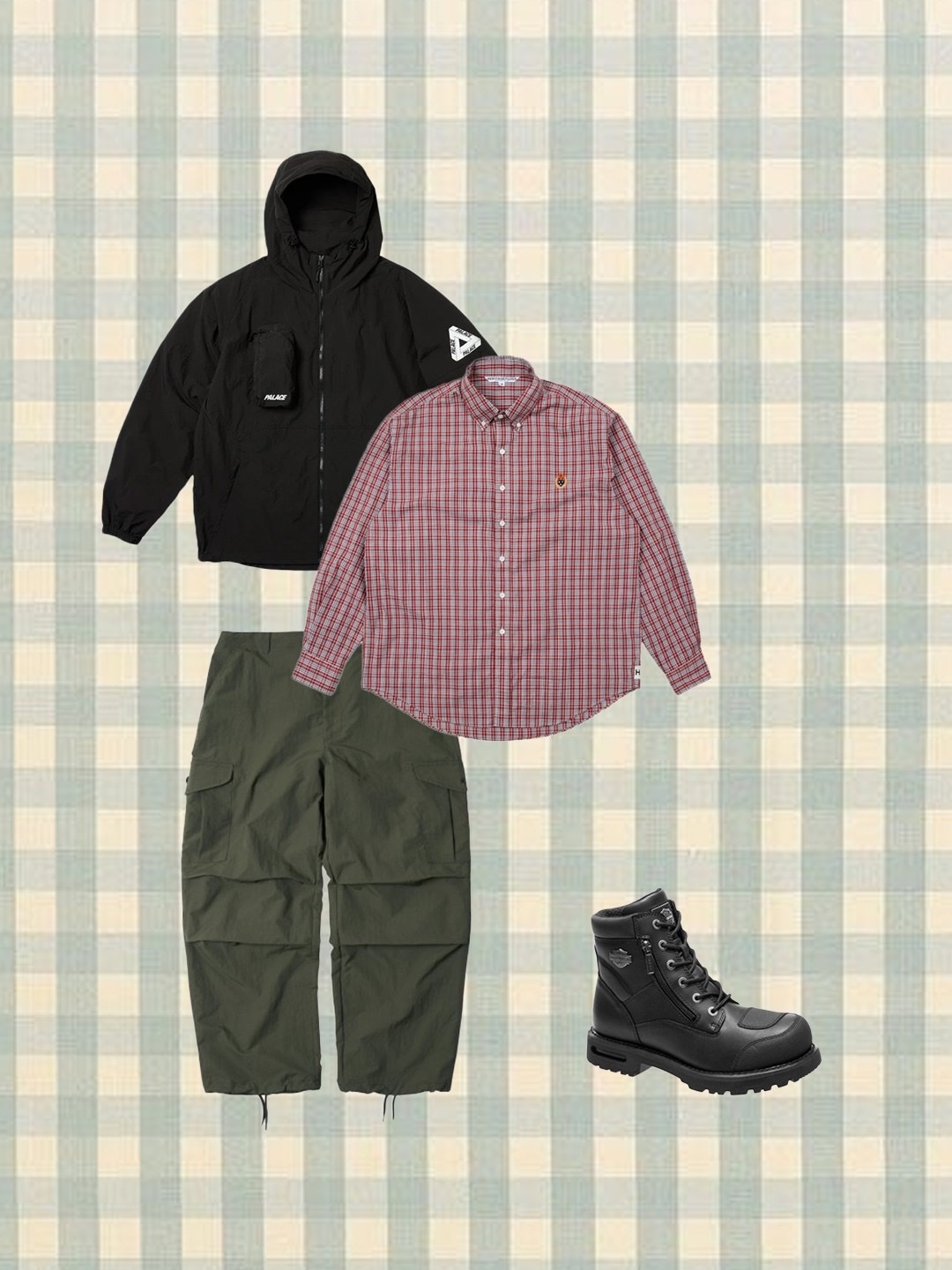 Heritage Floss Crest Checked Shirt Red Black, Palace Hooded Sheller Jacket Black - 23FW 착용 스타일 - 2