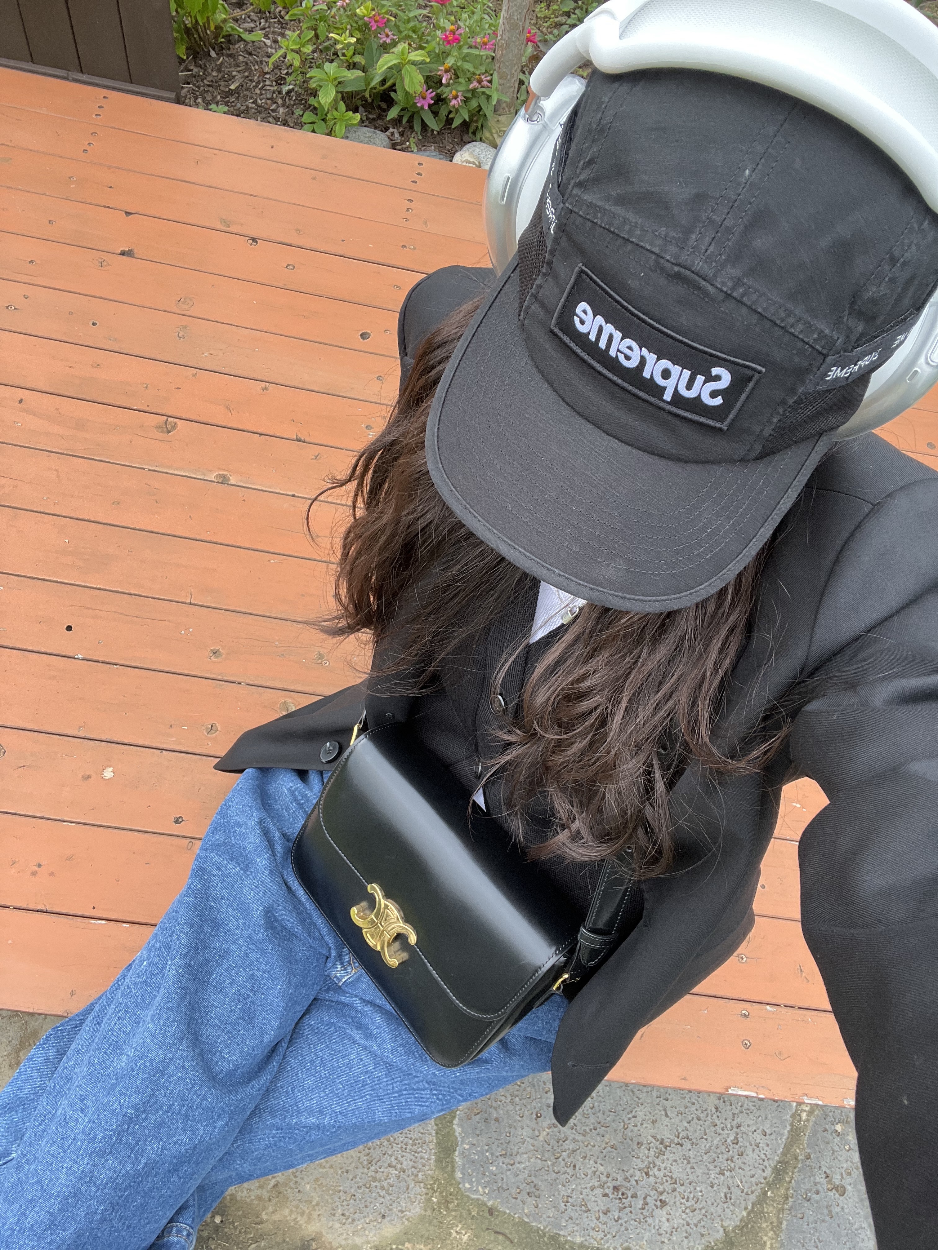 Celine Teen Triomphe Bag in Shiny Calfskin Black, Supreme Mesh Pocket Camp Cap Black - 23FW 착용 스타일