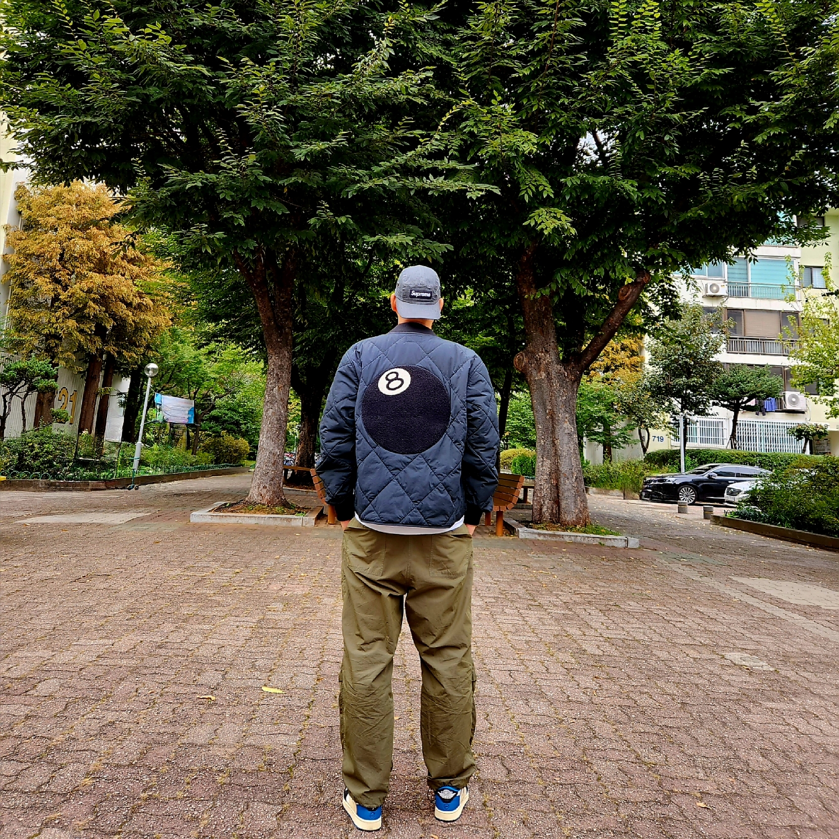 Stussy 8 Ball Quilted Liner Jacket Black, Supreme Distressed Ripstop Camp Cap Black - 23FW 착용 스타일