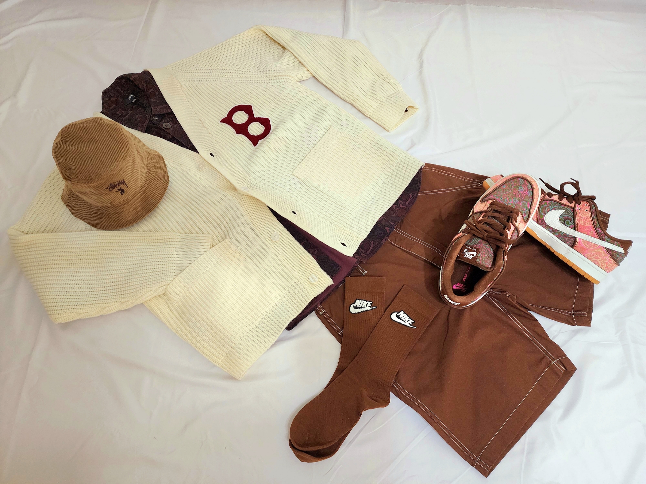 Stussy Slugger Hood Coffee, Stussy Big Stock Water Shorts Brown 착용 스타일 - 3