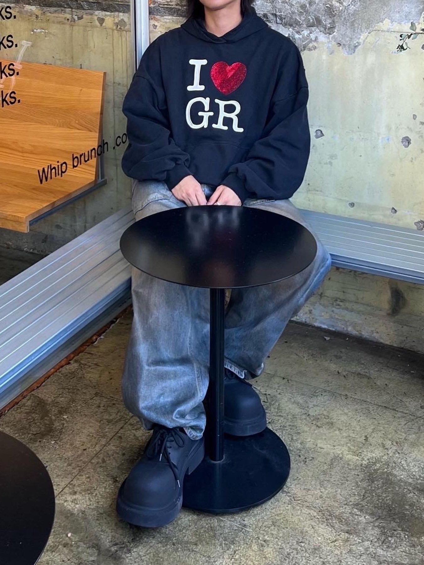 Project G/R Coated Backward Denim Pants Blue, Project G/R I Love GR Hoodie Black - Haus of GR Exclusive 착용 스타일 - 4