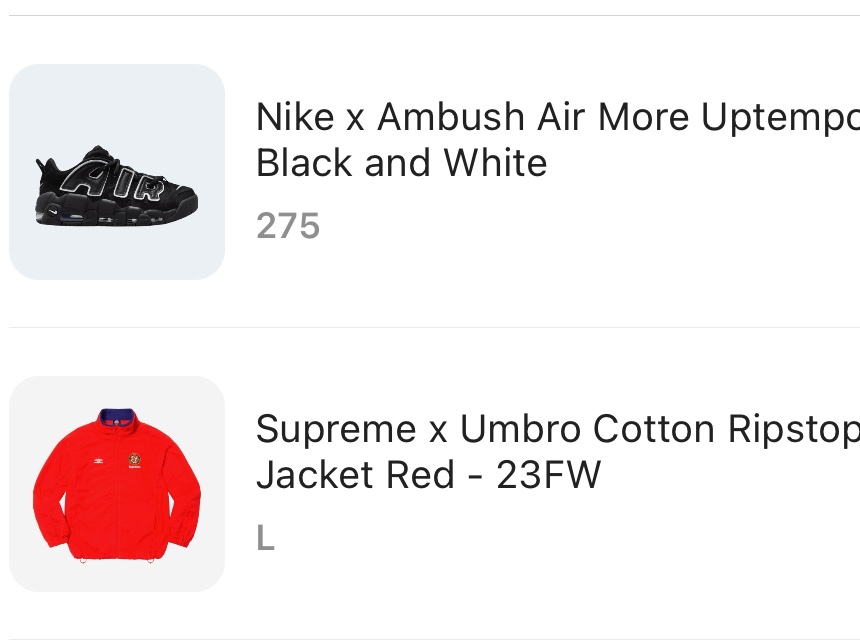 Nike x Ambush Air More Uptempo Low Black and White, Supreme x Umbro Cotton Ripstop Track Jacket Red - 23FW 착용 스타일