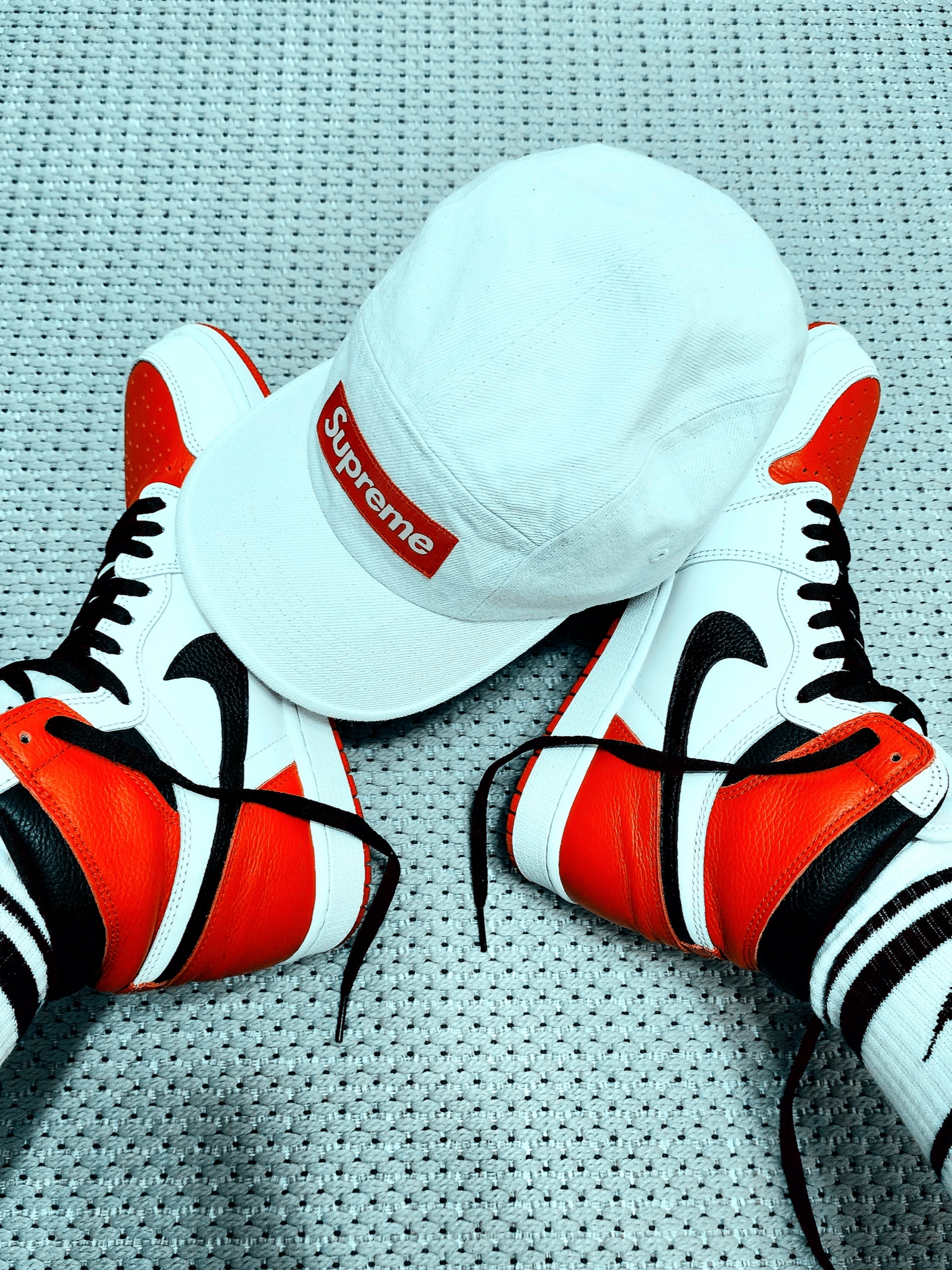 Supreme Denim Camp Cap Natural - 23SS, Nike x Supreme Air Force 1 Low White 착용 스타일 - 2