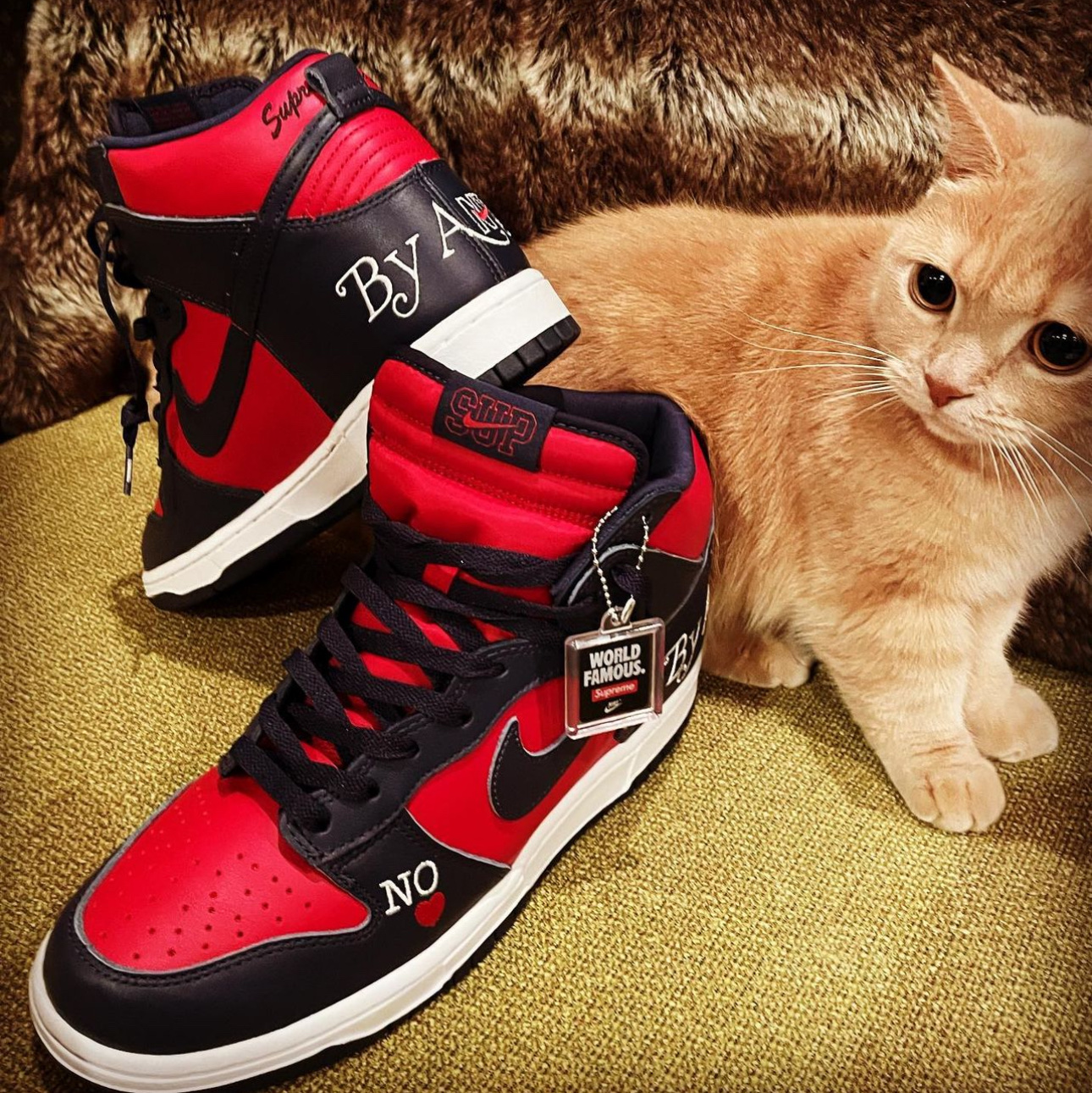 Nike x Supreme SB Dunk High OG QS By Any Means Varsity Red Midnight Navy, Nike x Supreme SB Dunk High OG QS By Any Means Varsity Maize Pine Green 착용 스타일 - 1