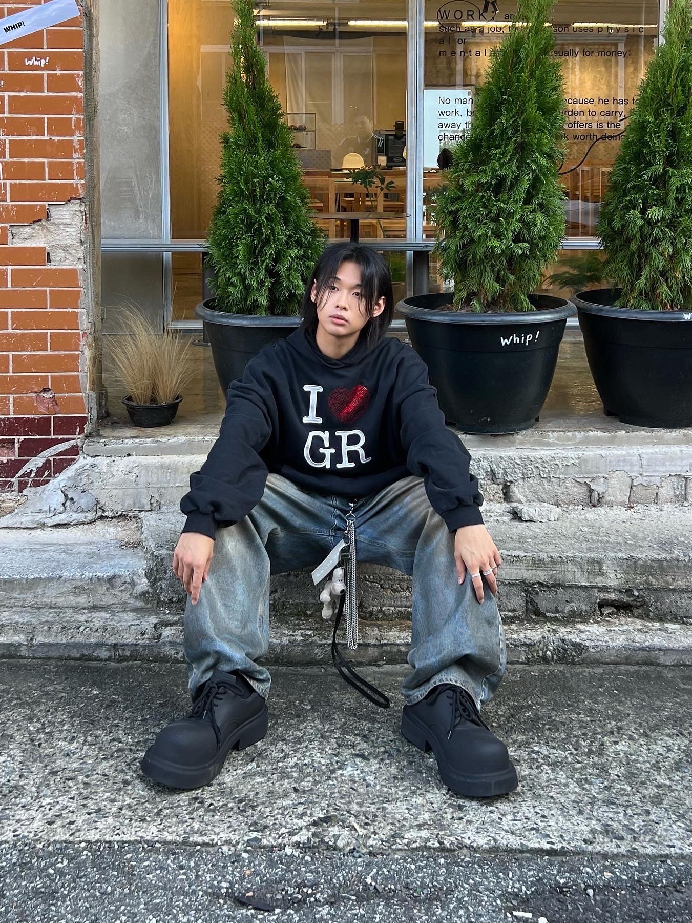 Project G/R Coated Backward Denim Pants Blue, Project G/R I Love GR Hoodie Black - Haus of GR Exclusive 착용 스타일 - 3