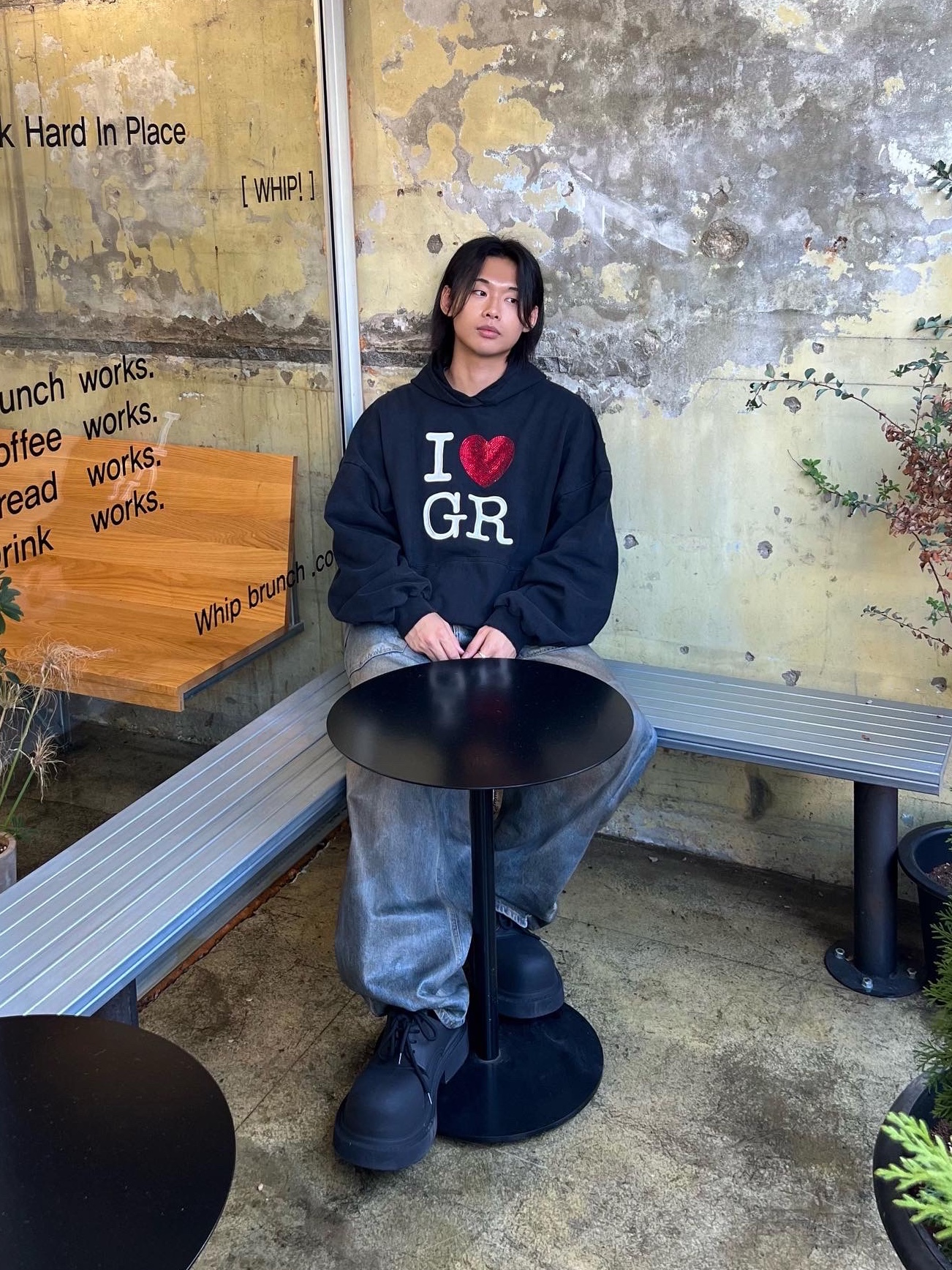 Project G/R Coated Backward Denim Pants Blue, Project G/R I Love GR Hoodie Black - Haus of GR Exclusive 착용 스타일 - 1