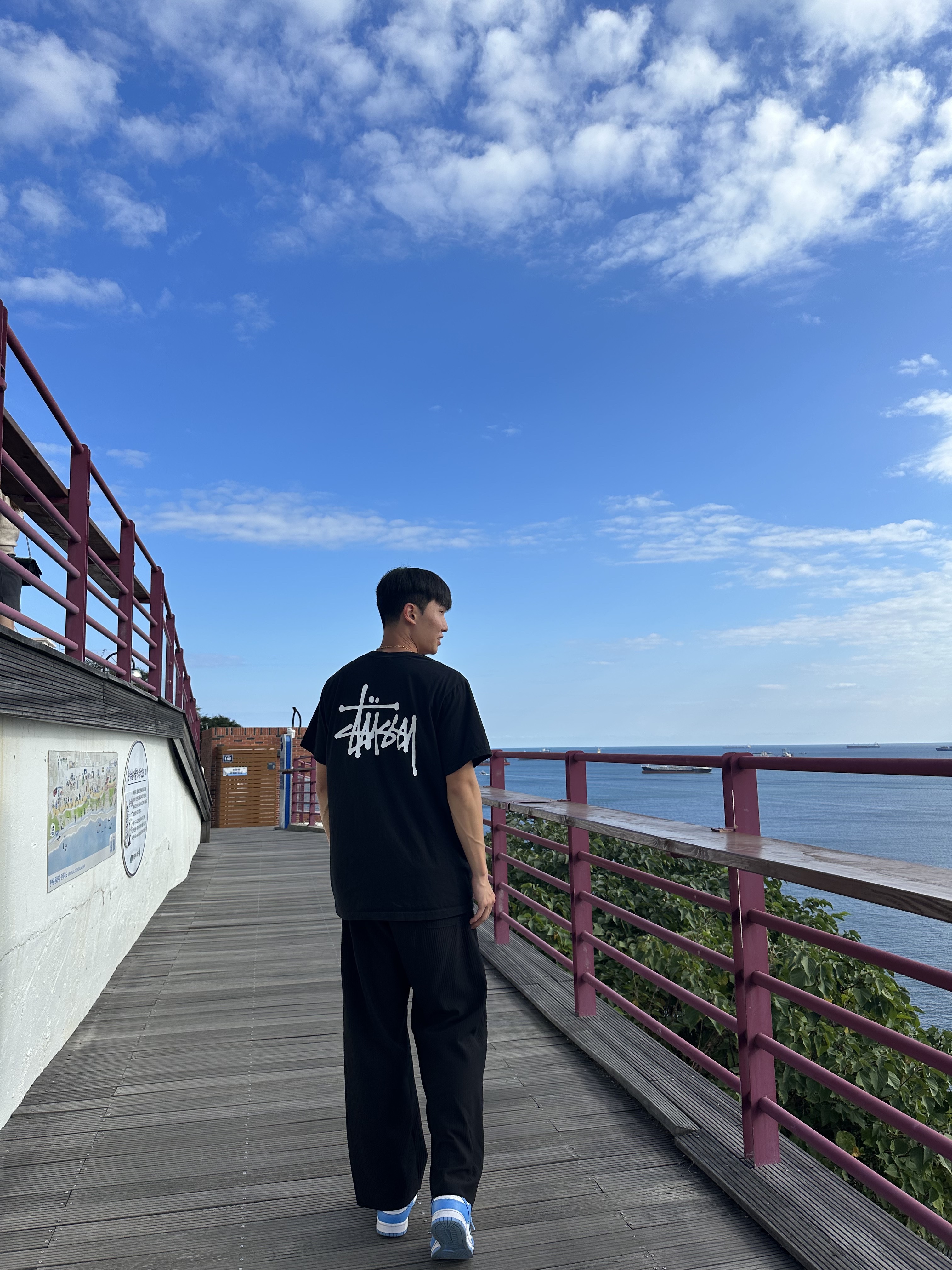 Stussy Basic Stussy T-Shirt Black 2023, Nike Dunk Low Retro University Blue 착용 스타일