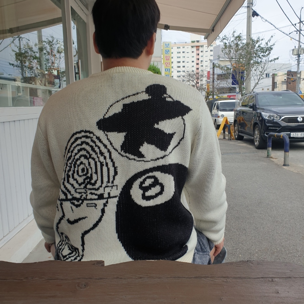 Nike x Stussy NRG LS Knit Sweater Fossil (DR2893-238), Nike x Stussy Air Zoom Spiridon Cage 2 Black 착용 스타일 - 1