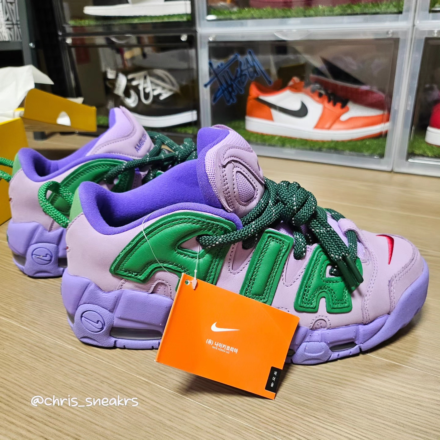 Nike x Ambush Air More Uptempo Low Lilac and Apple Green 착용 스타일 - 5