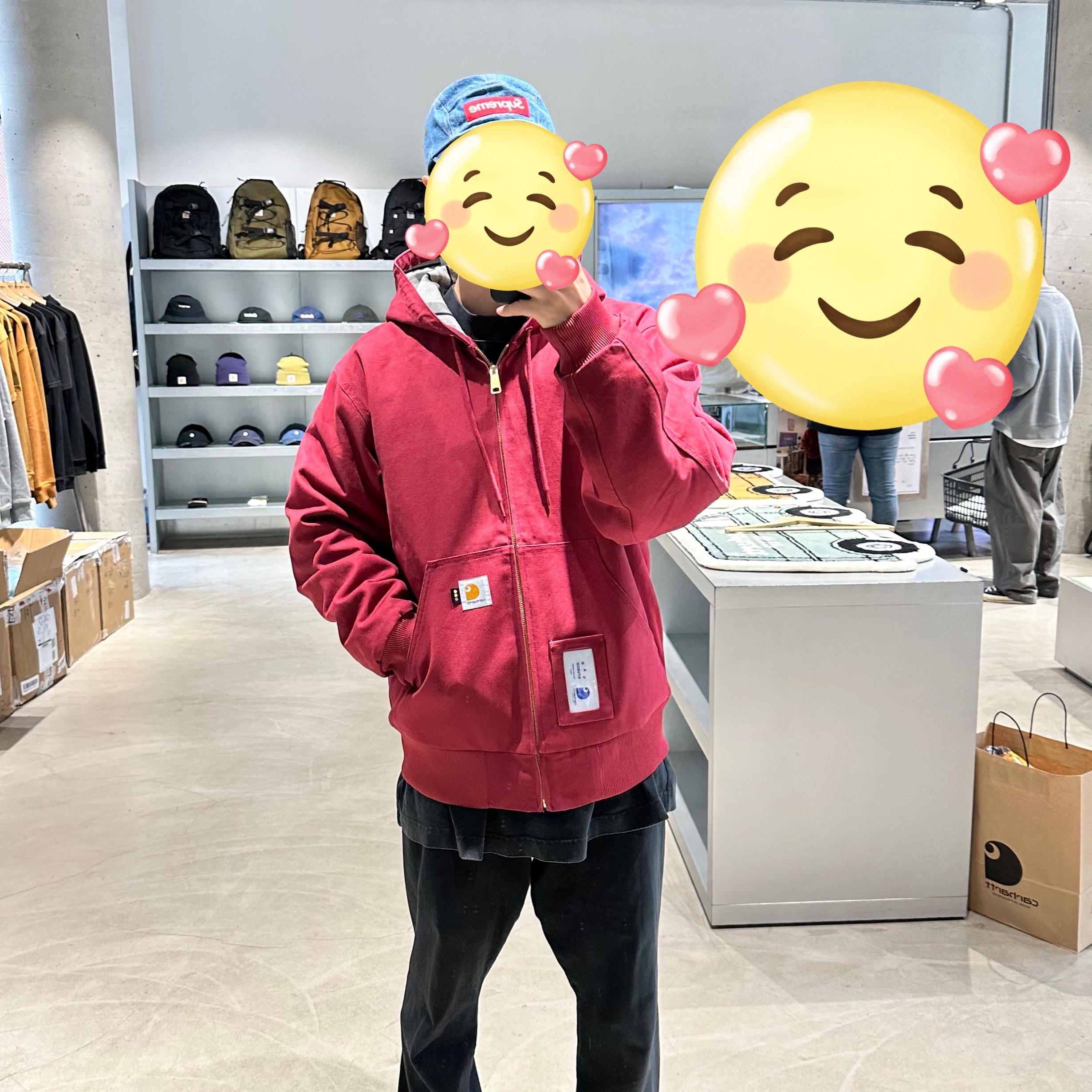 Carhartt WIP x IAB Studio OG Chore Coat Yellow, Carhartt WIP x IAB Studio OG Active Jacket Earth Red 착용 스타일 - 2
