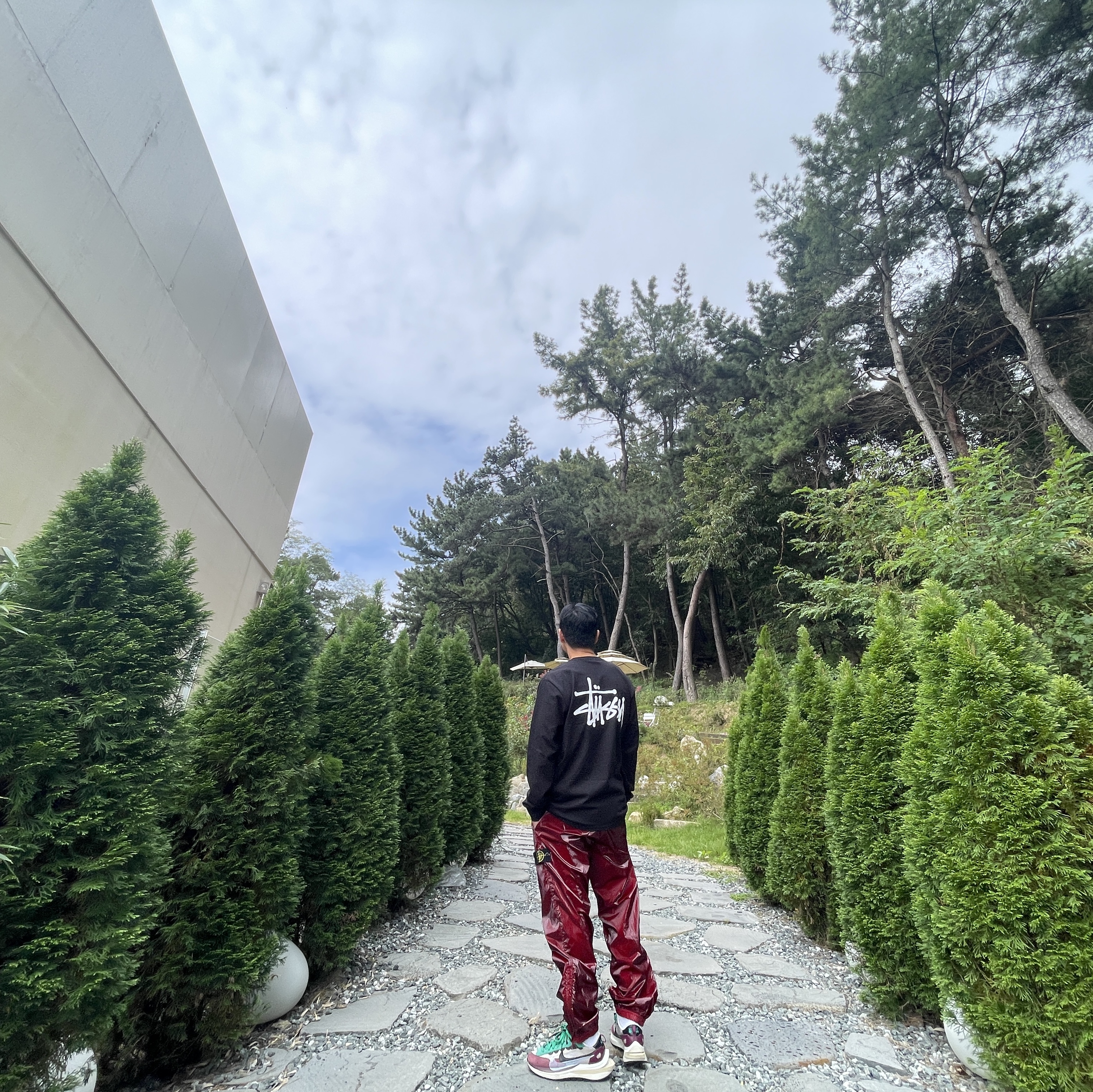 Supreme x Stone Island New Silk Light Pants Red - 19SS, Nike x Sacai VaporWaffle String & Black Villain Red 착용 스타일 - 1