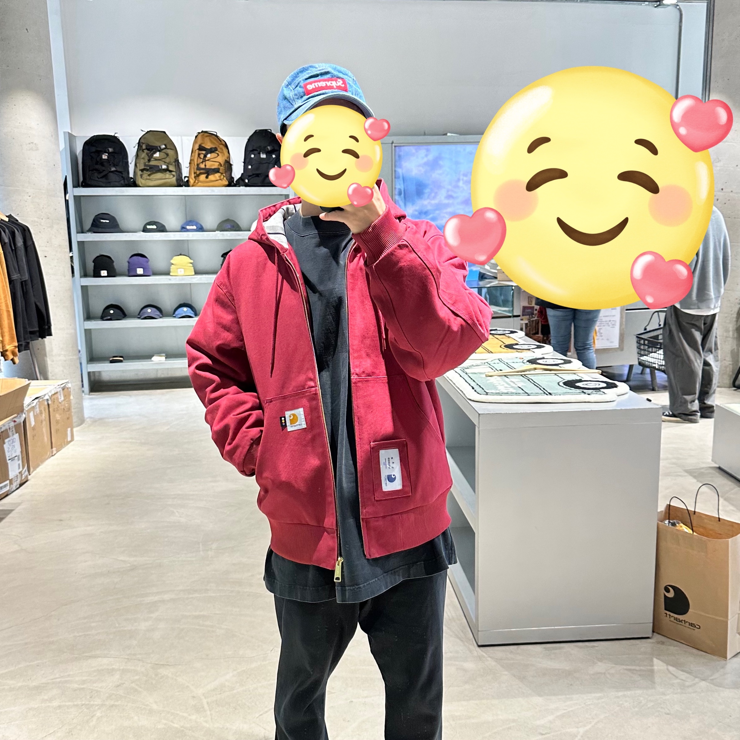 Carhartt WIP x IAB Studio OG Chore Coat Yellow, Carhartt WIP x IAB Studio OG Active Jacket Earth Red 착용 스타일 - 3