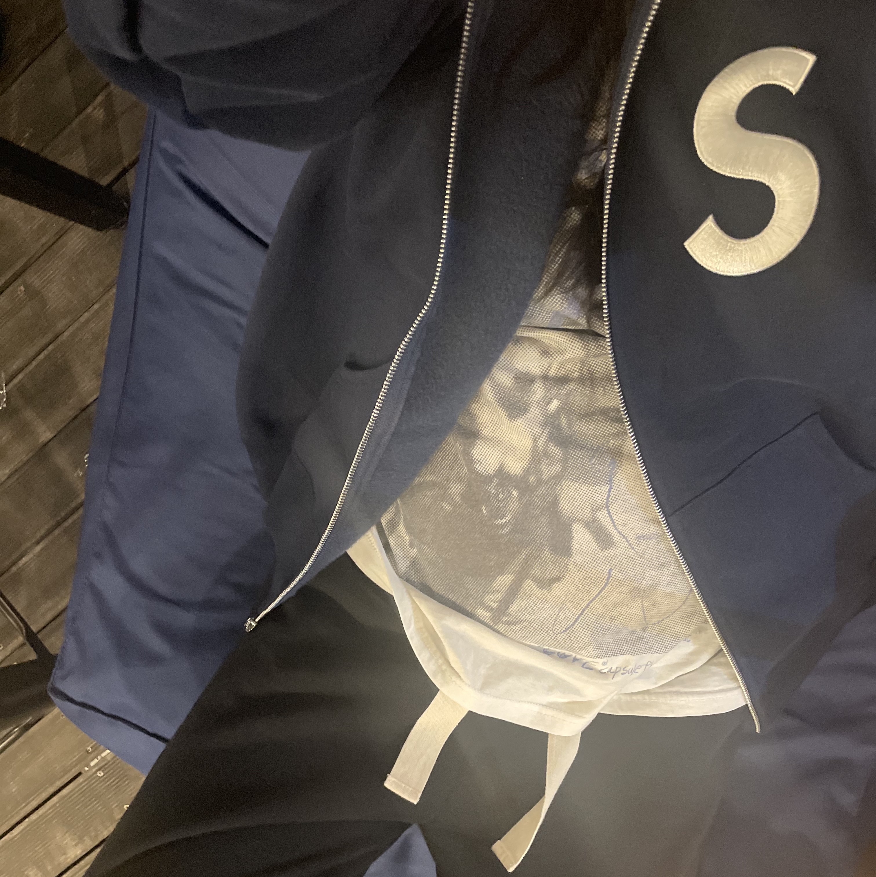 Supreme S Logo Zip Up Hooded Sweatshirt Navy - 23FW 착용 스타일