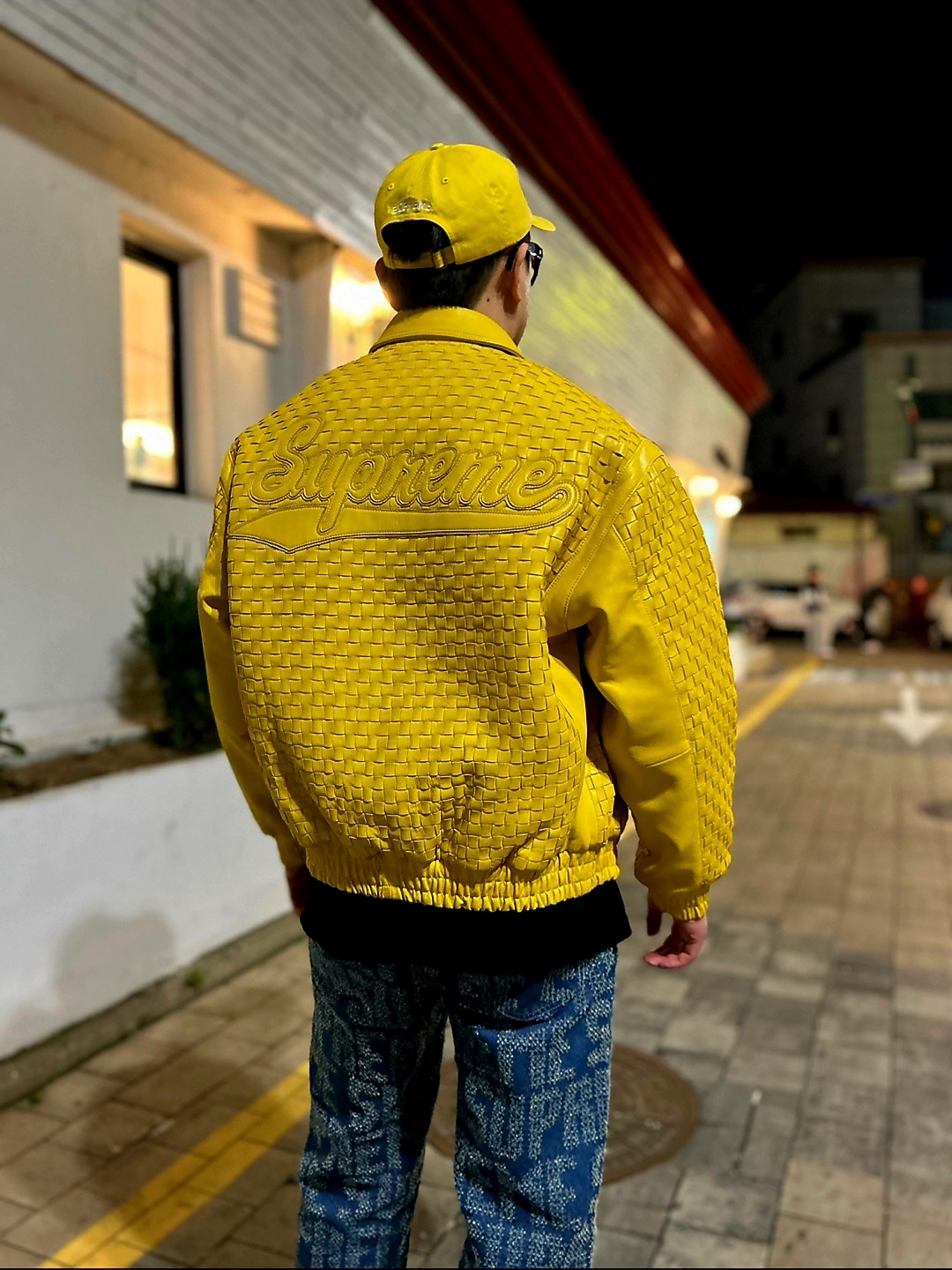 Supreme Woven Leather Varsity Jacket Yellow - 23FW, Nike x Supreme Shox Ride 2 SP White 착용 스타일 - 3