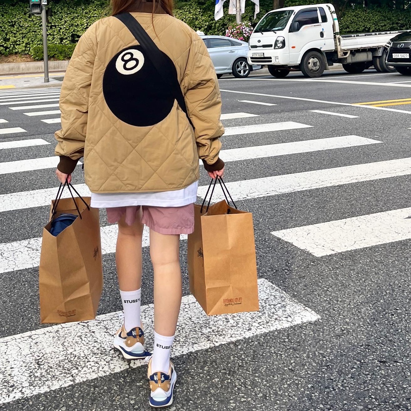 Stussy 8 Ball Quilted Liner Jacket Brown, IAB Studio Woven Shorts Pink - The Hyundai Seoul Exclusive 착용 스타일