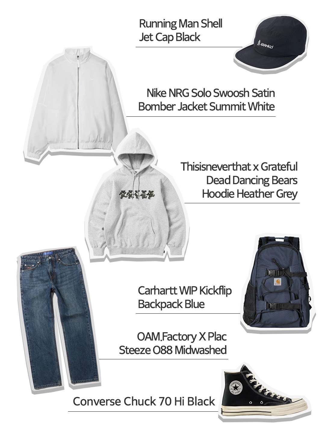 Nike NRG Solo Swoosh Satin Bomber Jacket Summit White - US/EU, Thisisneverthat x Grateful Dead Dancing Bears Hoodie Heather Grey 착용 스타일 - 1