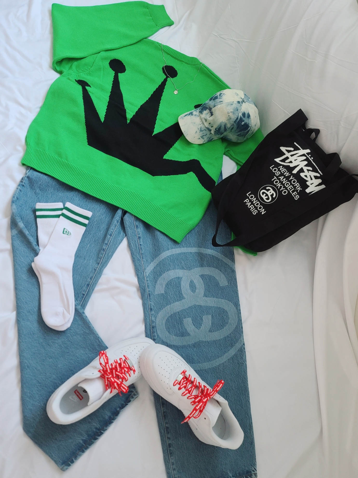 Nike x Supreme Air Force 1 Low White, Stussy SS Link Big OL' Jean Stone Wash 착용 스타일 - 2