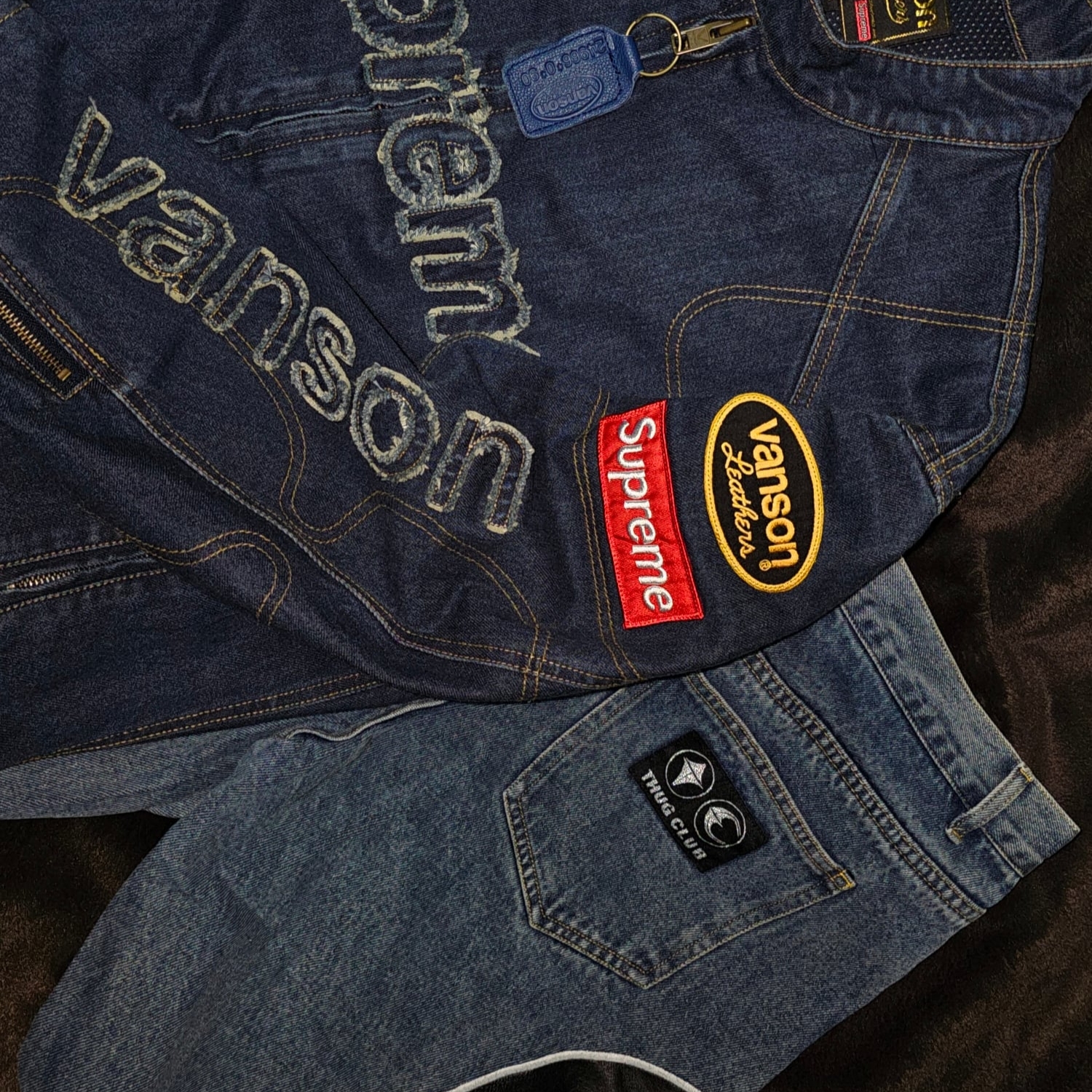 Supreme x Vanson Leathers Cordura Denim Jacket Blue - 22FW, Thug Club Leather Washing Pants Denim 착용 스타일