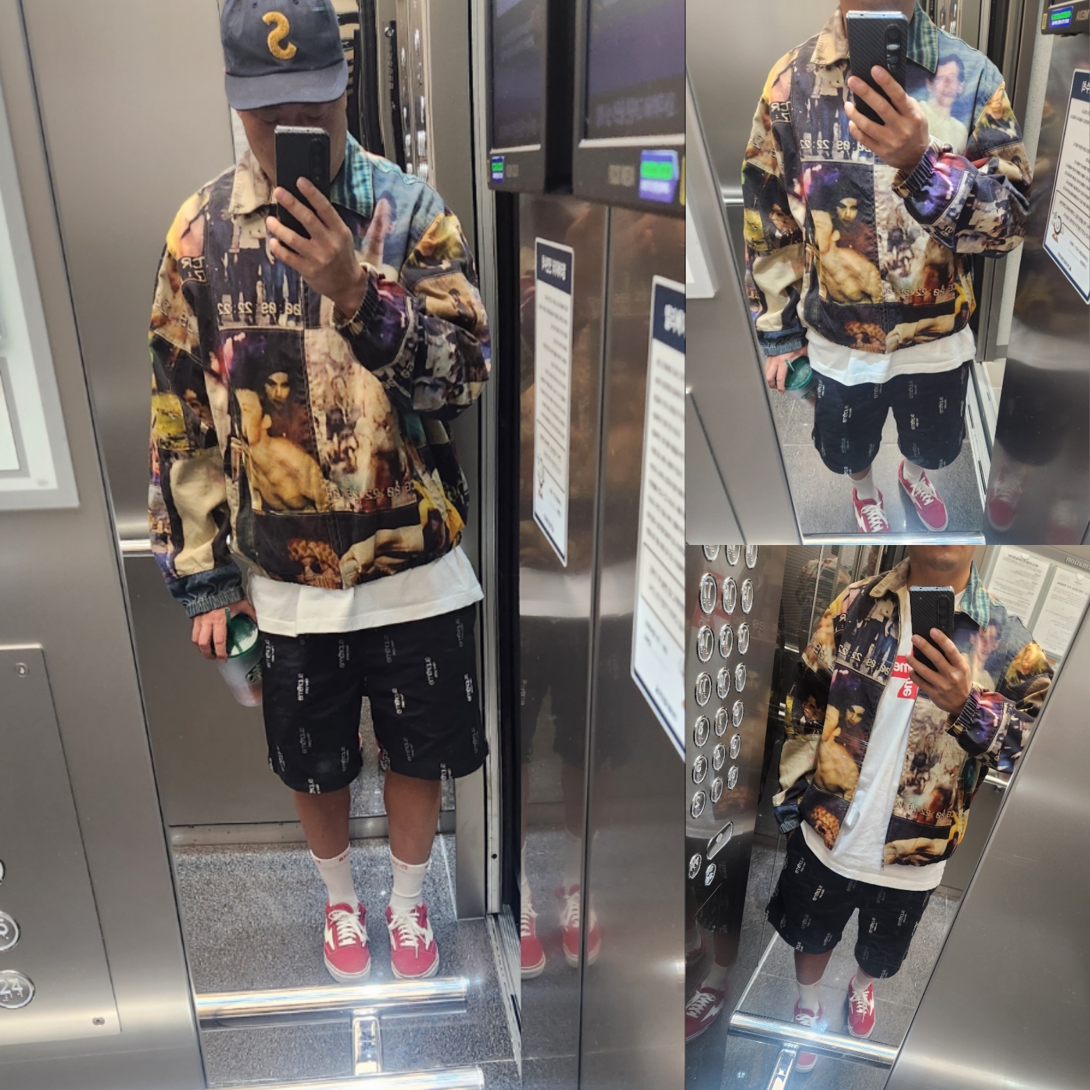 Supreme Mark Leckey Hardcore Patchwork Harrington Jacket Multicolor - 23FW, Supreme Classic Logo Chino Shorts Black - 23SS 착용 스타일