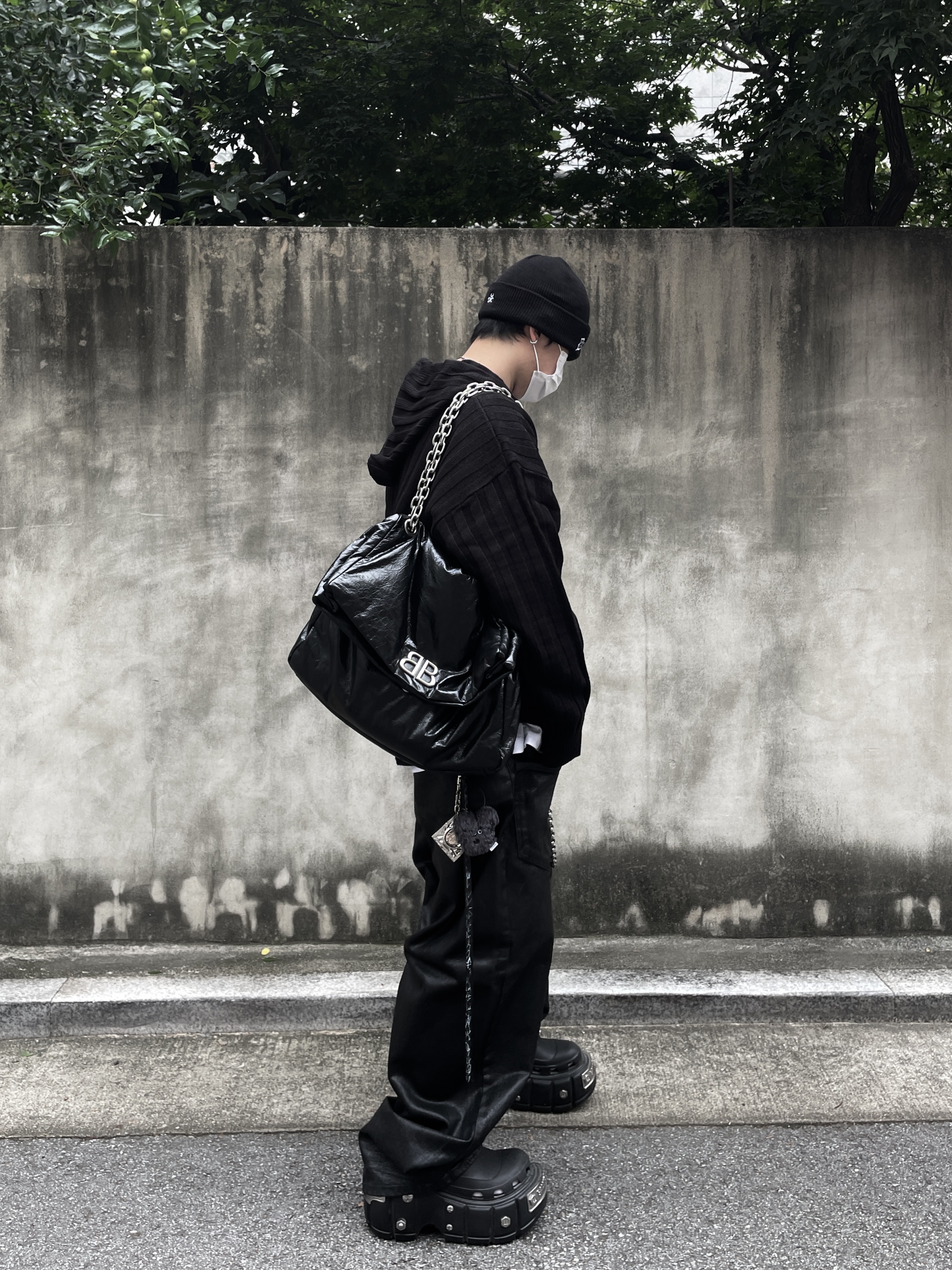 Project G/R Coated Backward Denim Pants Black, Project G/R Nut Key Chain Silver 착용 스타일 - 2