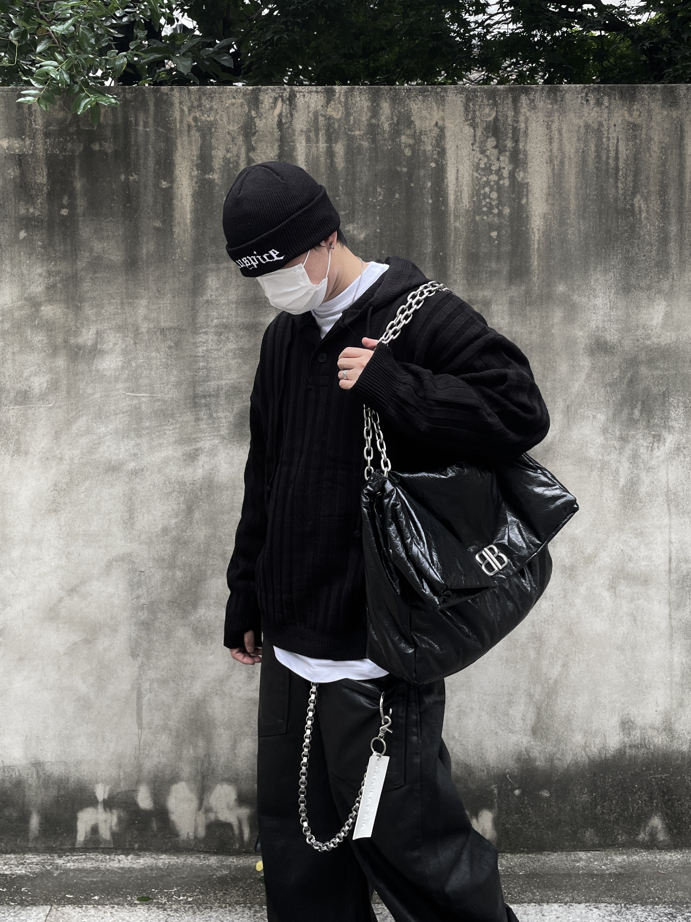 Project G/R Coated Backward Denim Pants Black, Project G/R Nut Key Chain Silver 착용 스타일 - 3