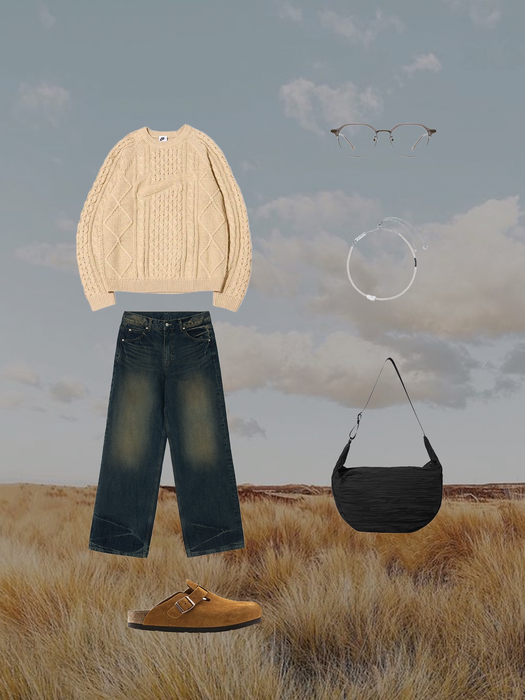Nike Cable Knit LS Sweater Rattan - Asia, COS Smocked Crossbody Bag Black 착용 스타일 - 2