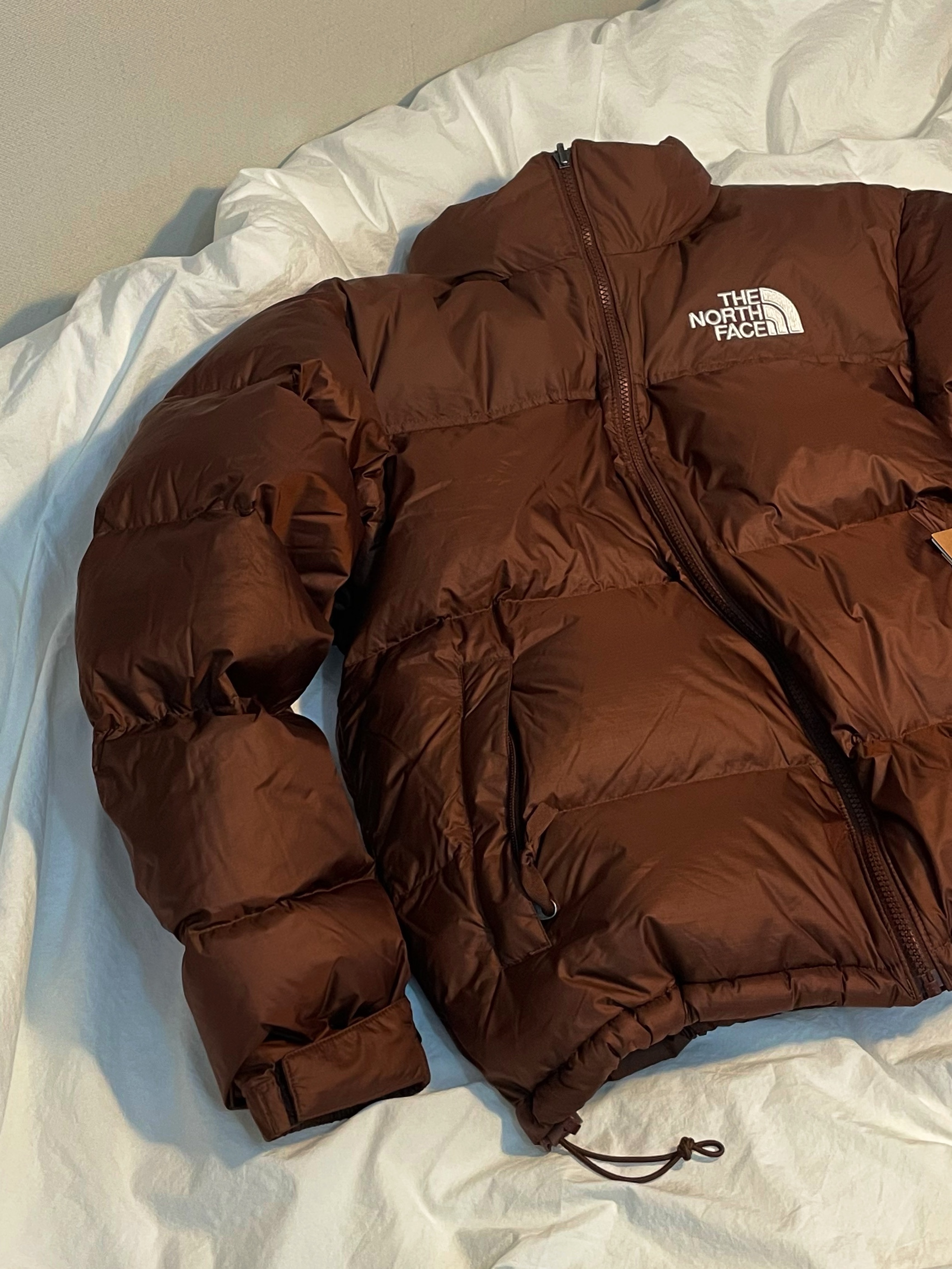 The North Face 1996 Retro Nuptse Jacket Dark Oak 착용 스타일