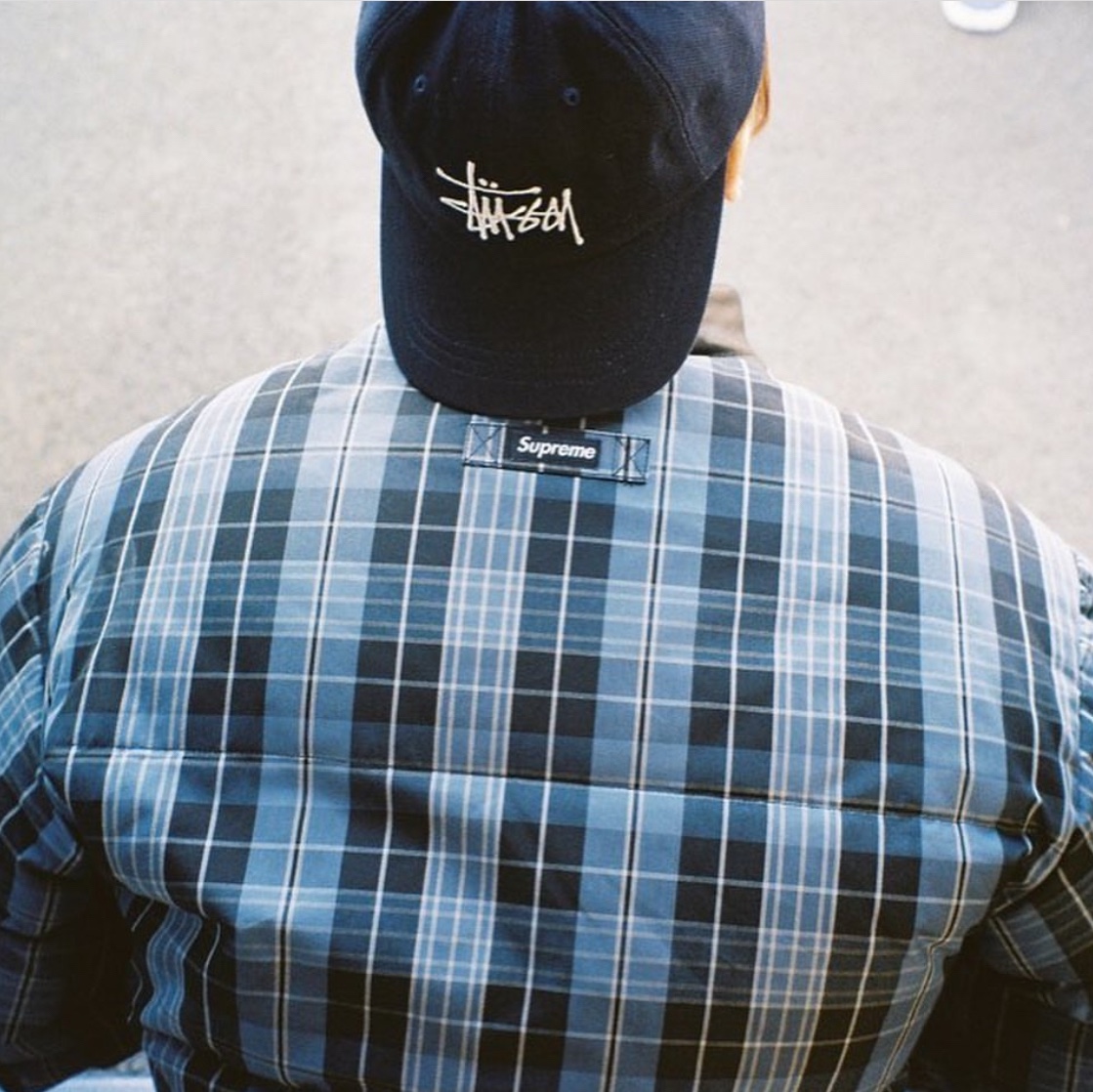 Supreme Leather Collar Puffy Jacket Blue Plaid - 19FW, Stussy Bio Washed Big Logo Low Pro Cap Black 착용 스타일