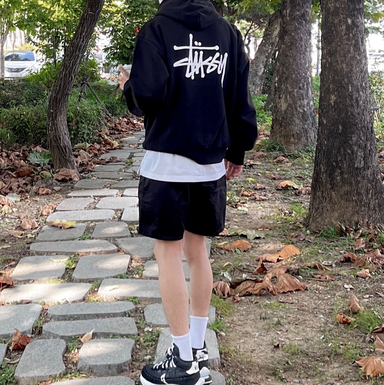 Stussy Basic Stussy Hoodie Black 2023, Nike x Sacai x Jean Paul Gaultier VaporWaffle Black White 착용 스타일