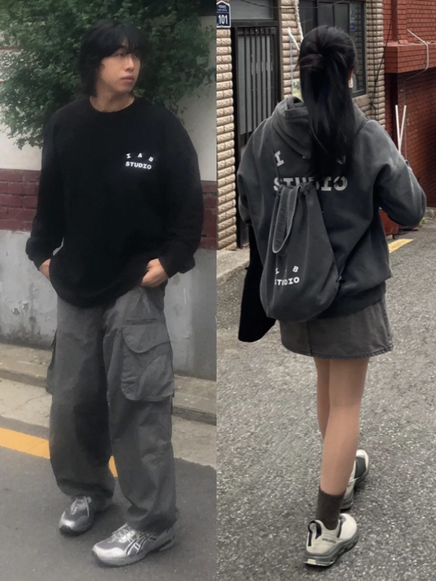 IAB Studio Crewneck Sky Blue, IAB Studio Woven Hoodie Black 착용 스타일 - 3