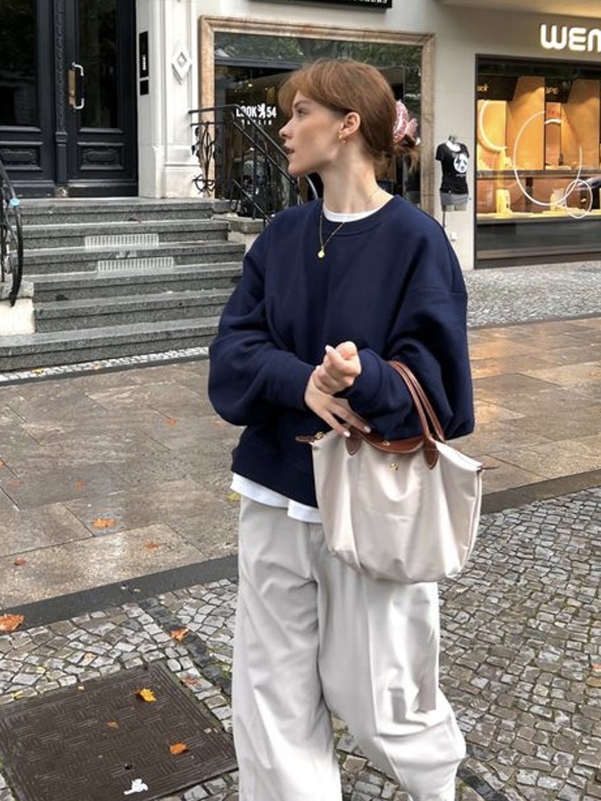 Longchamp Le Pliage Original Handle Pouch Blue Navy, Longchamp Le Pliage Original Handbag M Paper 착용 스타일 - 2
