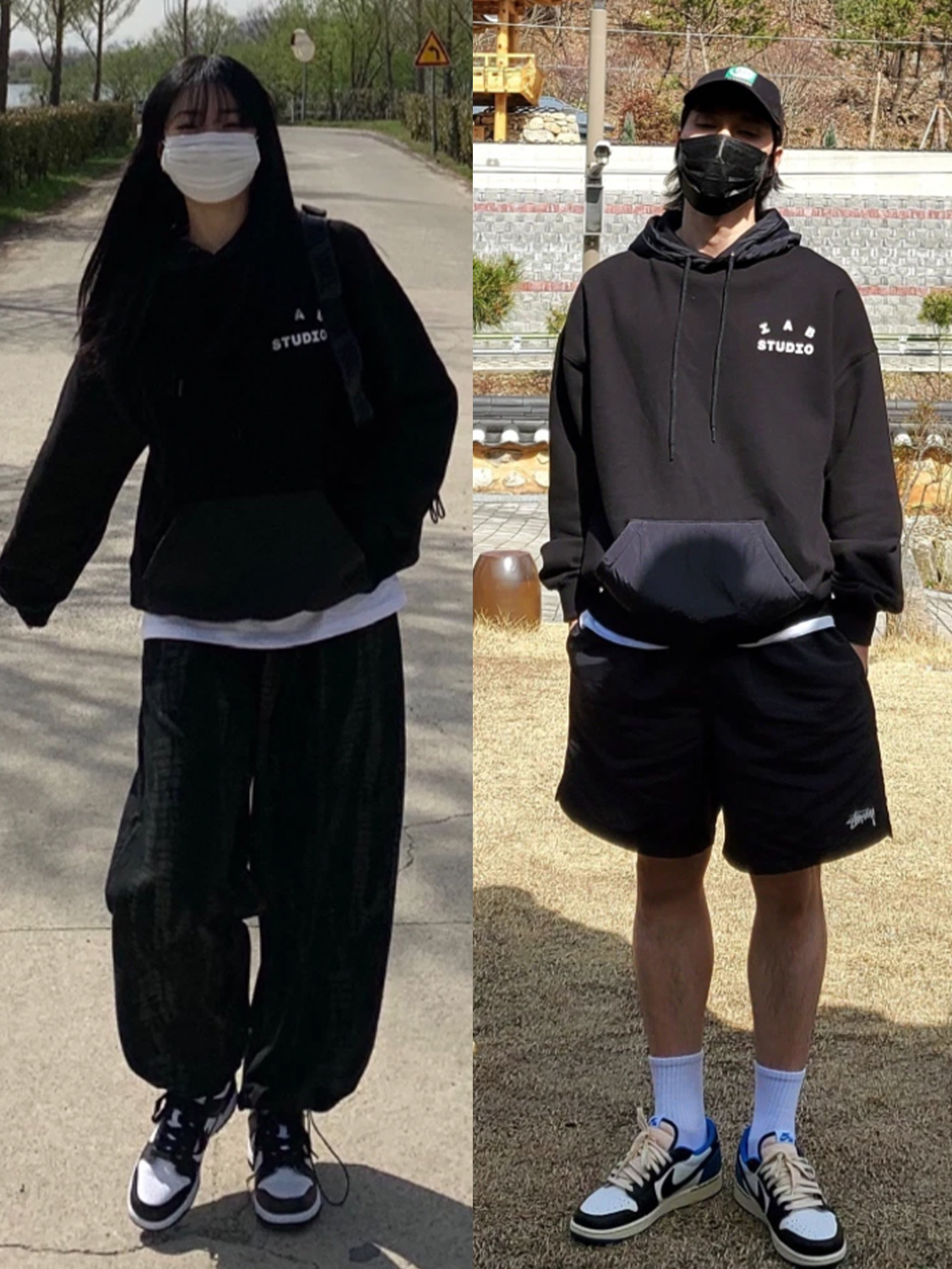IAB Studio Crewneck Sky Blue, IAB Studio Woven Hoodie Black 착용 스타일 - 2