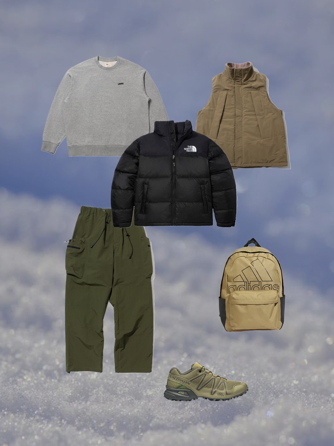 The North Face 1996 Eco Nuptse Jacket Real Black, Salomon Speedcross 3 Mindful Gray Green 착용 스타일 - 2