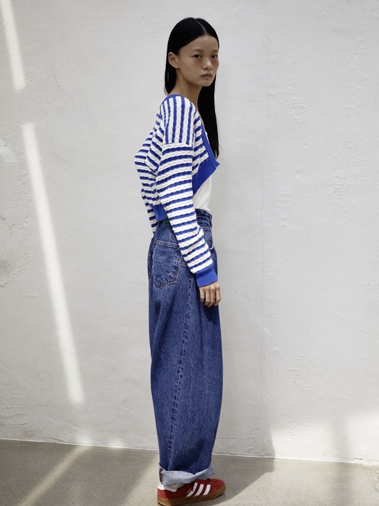 Greenbutter Women Herringbone Stripe Knit Bolero Blue 착용 스타일