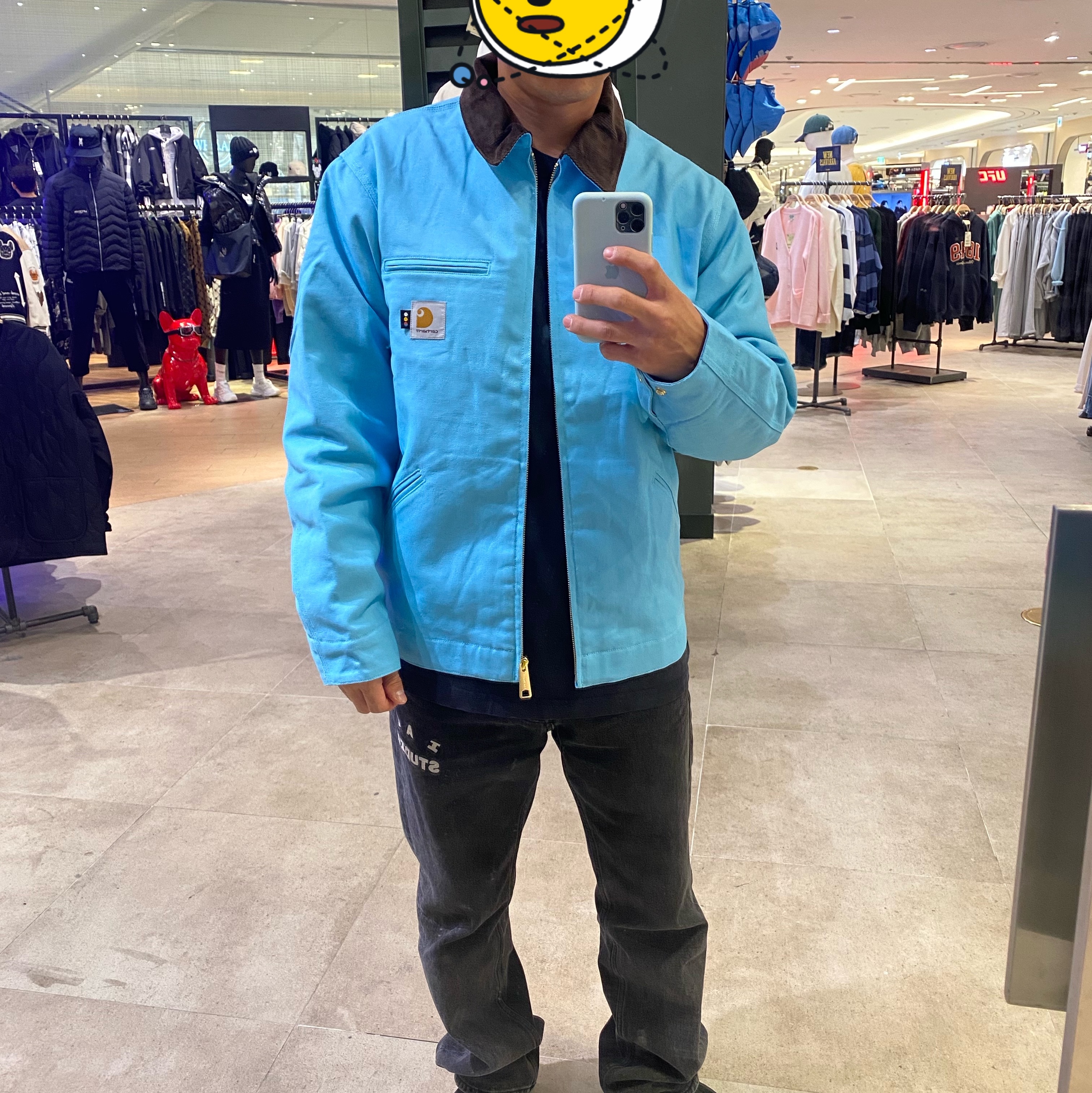 Carhartt WIP x IAB Studio OG Detroit Jacket Milky Blue, IAB Studio x Lee Denim Jeans Black 착용 스타일 - 1