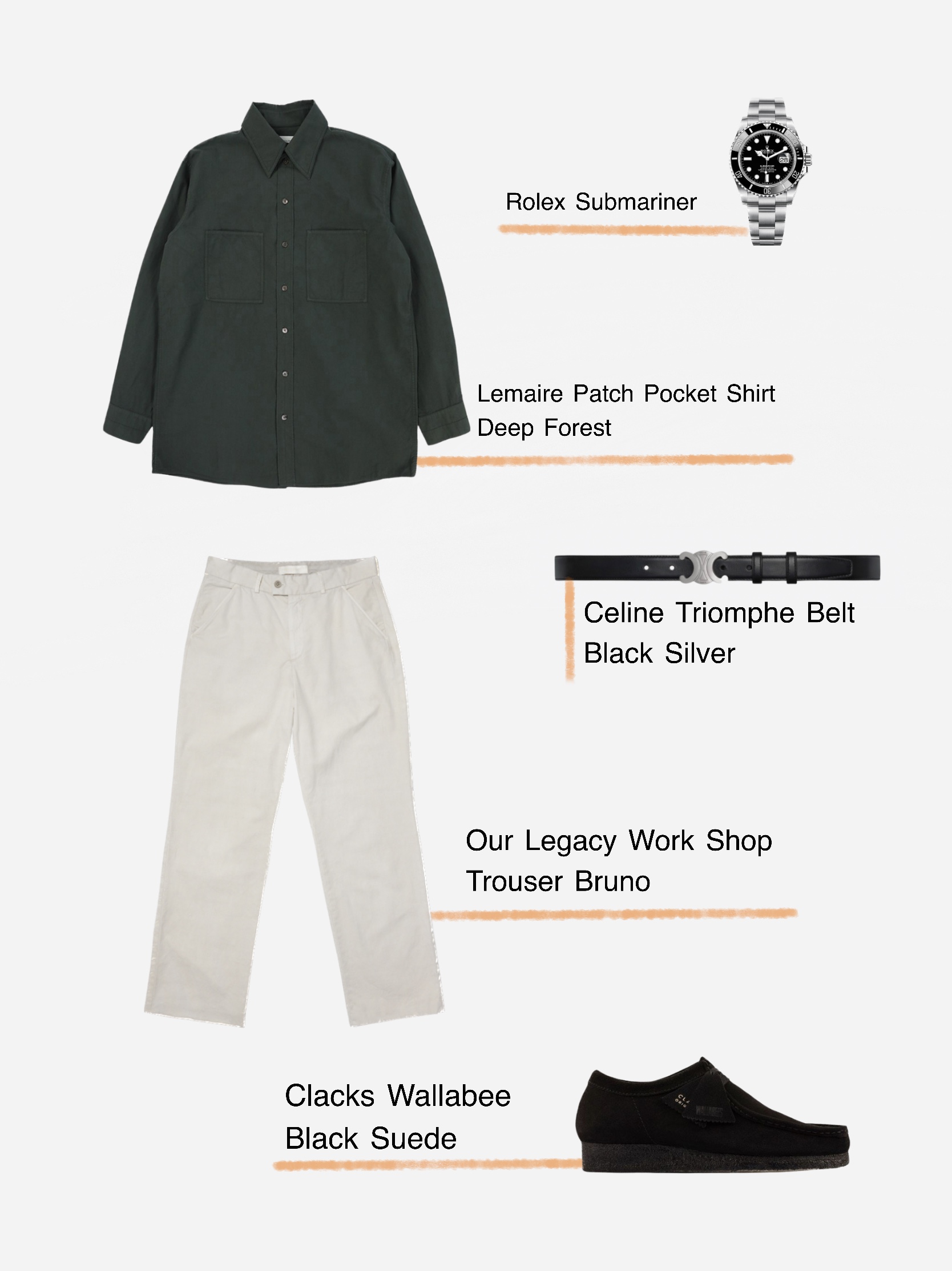 Lemaire Patch Pocket Shirt Deep Forest, Rolex Submariner Date 41mm 126610LN Black Oyster 착용 스타일
