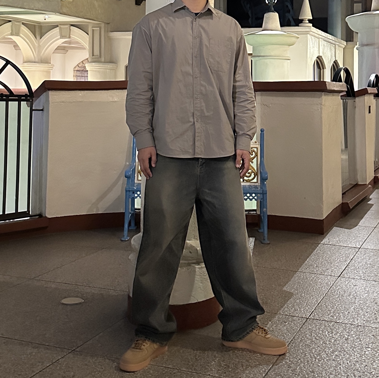 Undermycar Iek Hand Brush Washed Wide Jeans Corrosion Blue - 23FW, Nike Air Force 1 '07 WB Flax 착용 스타일 - 1