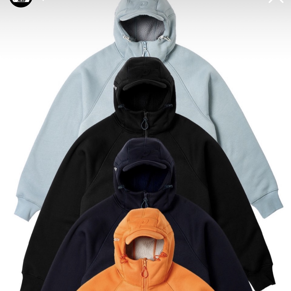 Palace Thermal Bonded Cap Hood Chill Blue - 23FW, Palace Thermal Bonded Cap Hood Black - 23FW 착용 스타일 - 1