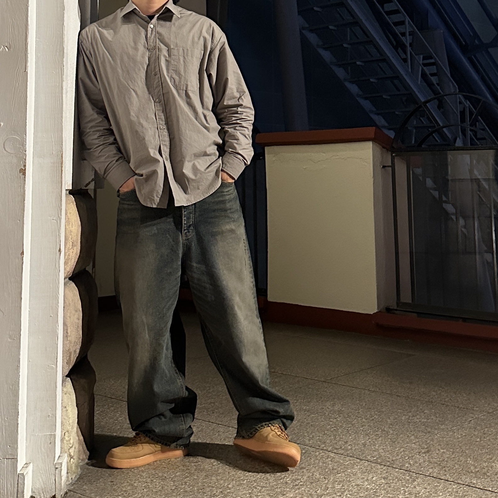 Undermycar Iek Hand Brush Washed Wide Jeans Corrosion Blue - 23FW, Nike Air Force 1 '07 WB Flax 착용 스타일 - 2