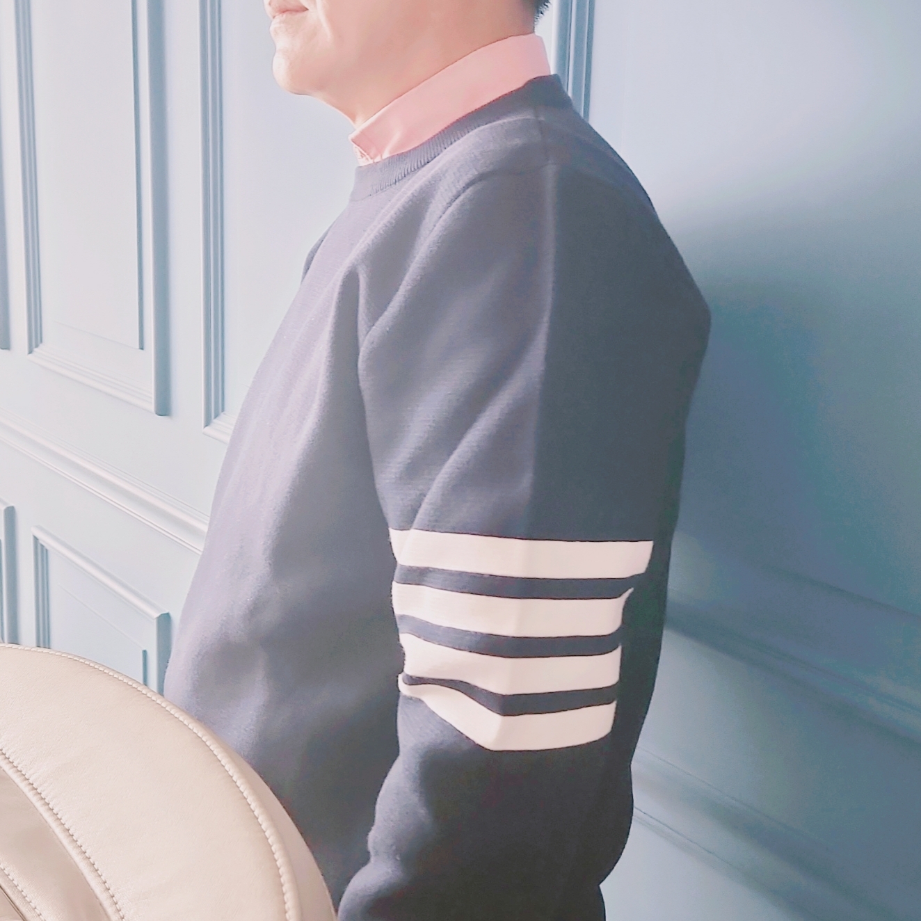 Thom Browne Milano Stitch 4-Bar Crewneck Pullover Knit Navy 착용 스타일 - 1