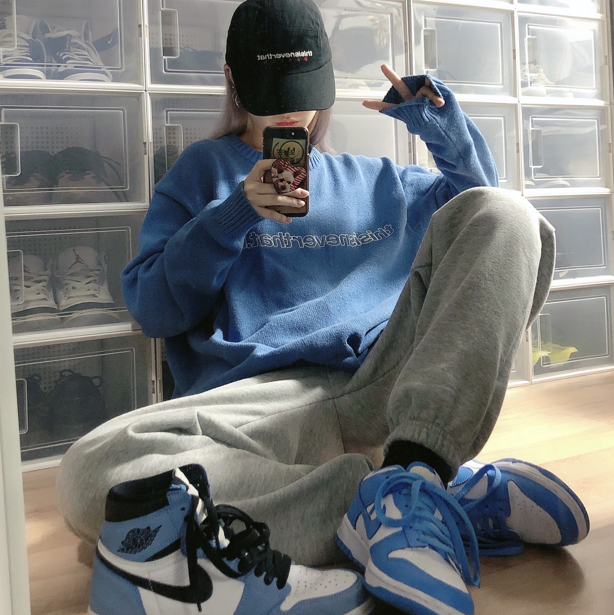 Jordan 1 Retro High OG University Blue, (GS) Nike Dunk Low University Blue 착용 스타일 - 1