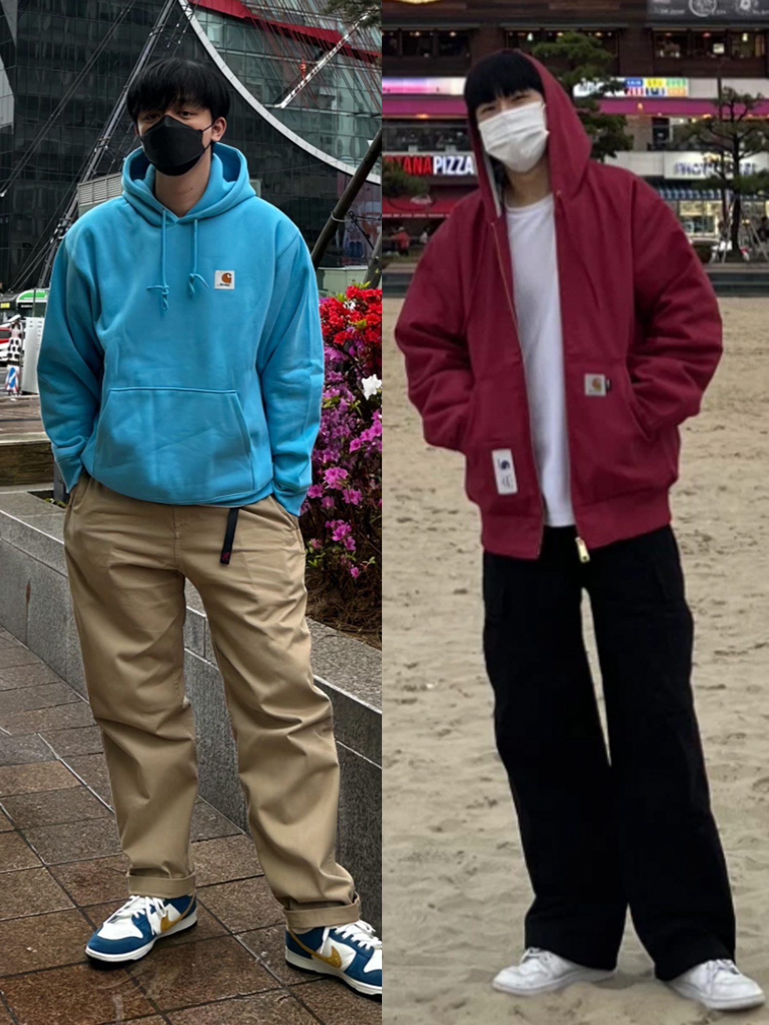 Nike x Supreme Air Force 1 Low Flax, Carhartt WIP x Awake NY Hoodie Blue 착용 스타일 - 2